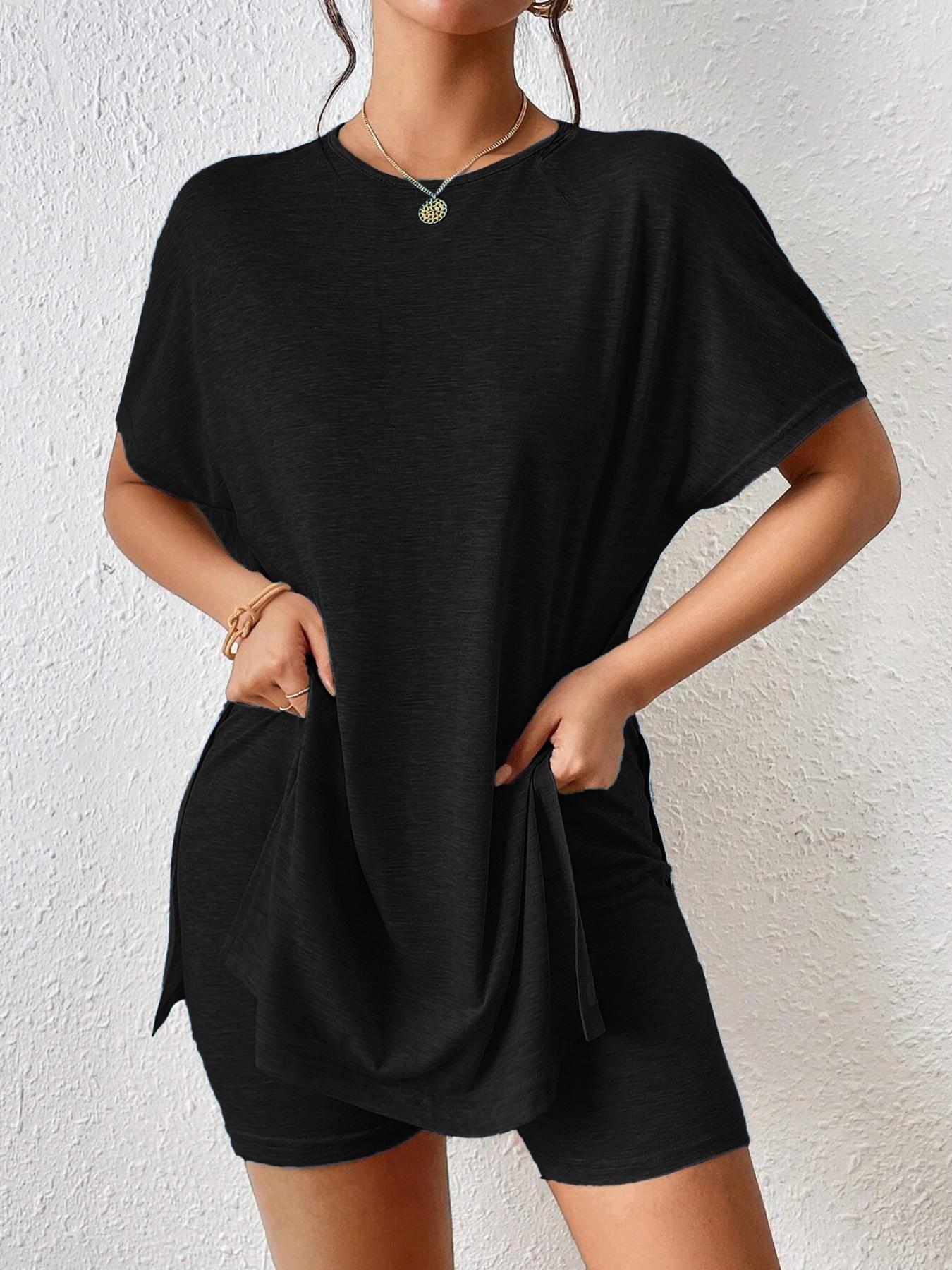Women's Summer Casual Set, Batwing Sleeve Round Neck Top and Shorts, Plain Color, Comfortable Daily Wear, Trendy Youth Fashion, Womenswear