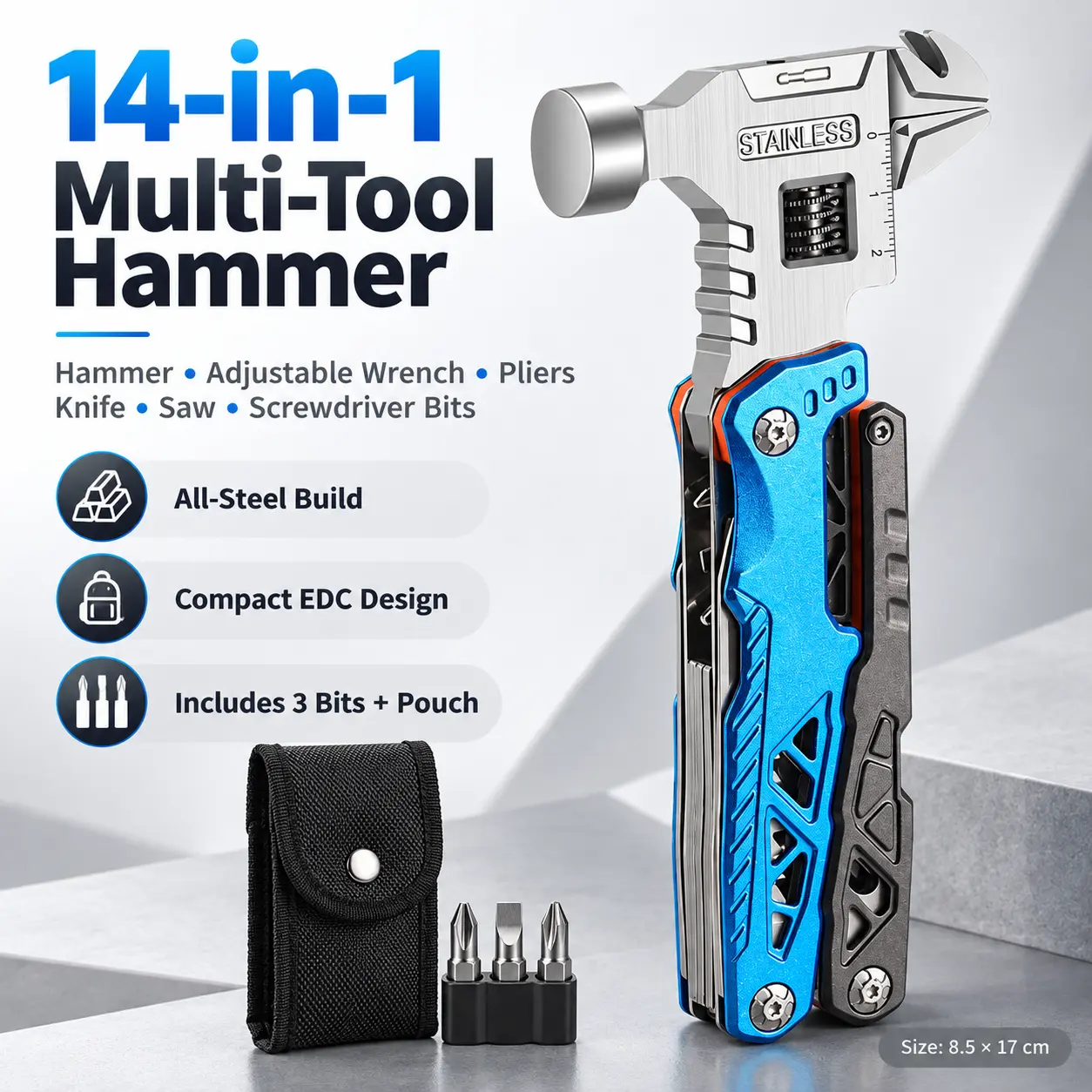 18-in-1 Compact Multi-Tool Set - Hammer+Plier+Wrench, Folding Combination Tool for Home Users, Outdoor Tasks & Home Use