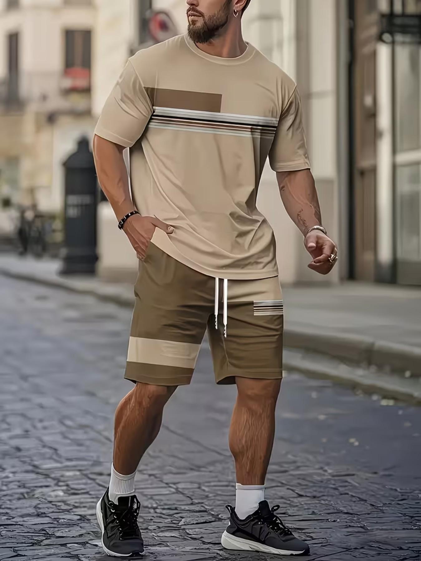Men's Outdoor Set, Summer Fashion Short Sleeve Crew Neck Quick-Dry T-Shirt + Shorts, 3D Digital Print, Casual Fitness Wear, Gift Idea