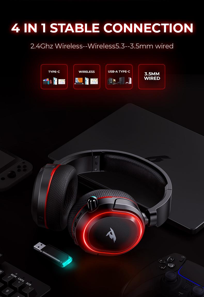【Live broadcast exclusive】Picun G2 Bluetooth Gaming Headset, 7.1 Surround Sound, Retractable Earbud, 4-in-1 Audio Cable, Electronic 5ms Low Latency, Rechargeable ENC Microphone for PC PS4 PS5 Audio Cable Headphone