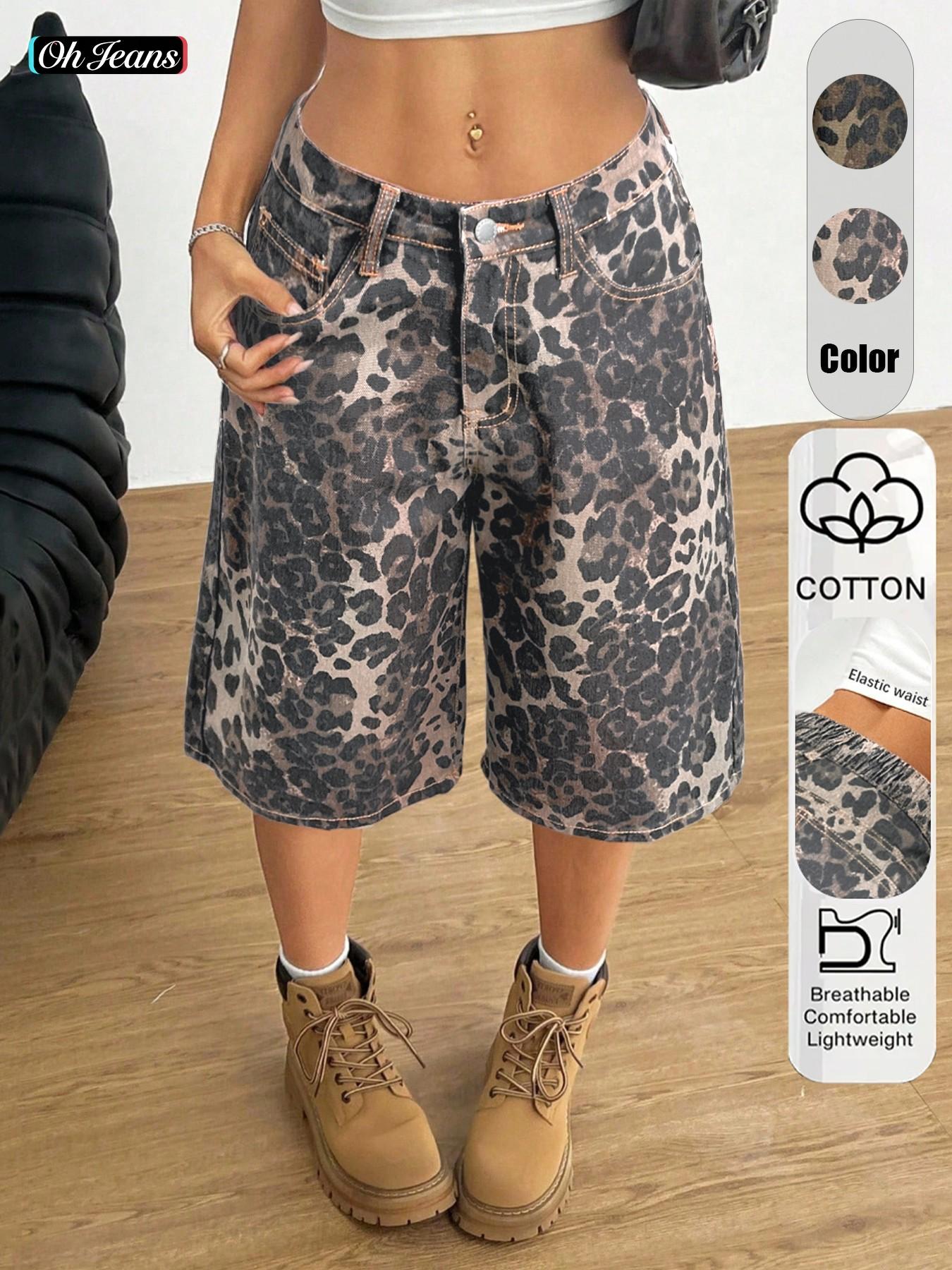 Women's Leopard Print Denim Capri Pants, Casual Wide Leg Loose Fit Shorts, Slant Pocket Design, Fashionable Versatile Summer Wear