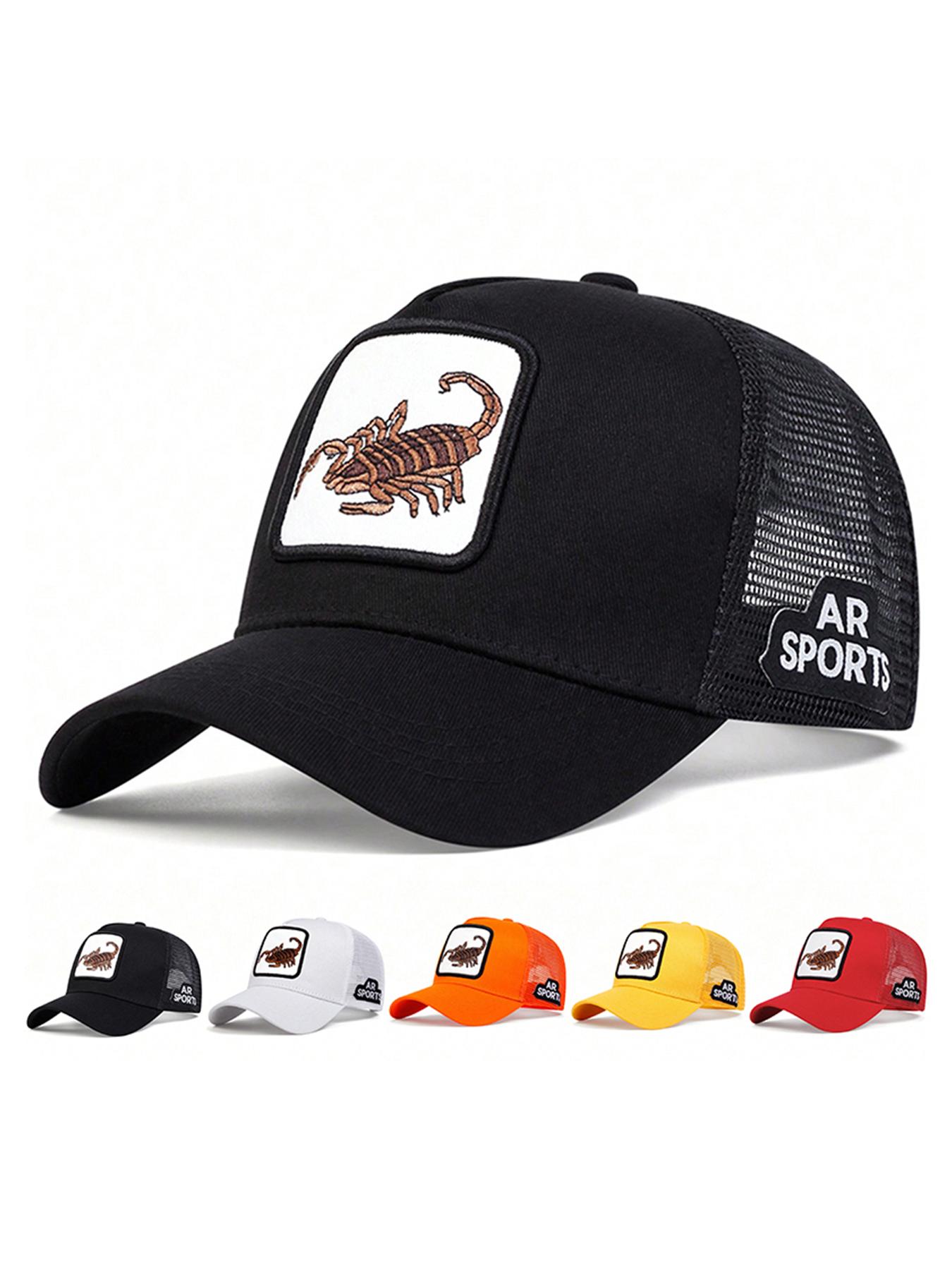 Unisex Scorpion Embroidered Baseball Cap, Adjustable Trucker Hat, Adjustable Sun Protection Hat for Outdoor Travel Beach Vacation, Breathable Mesh Design