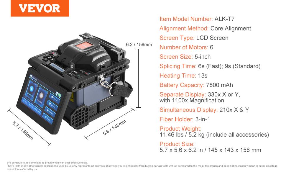 VEVOR Fiber Fusion Splicer 6-Motor, Core Alignment Fiber Optic Splicer 6s Splicing 13s Heating, Fiber Splicer Machine with 5 LCD Screen, 3 in 1 Fiber Holder, 7800mAh Battery for SM MM DS NZDS Fiber