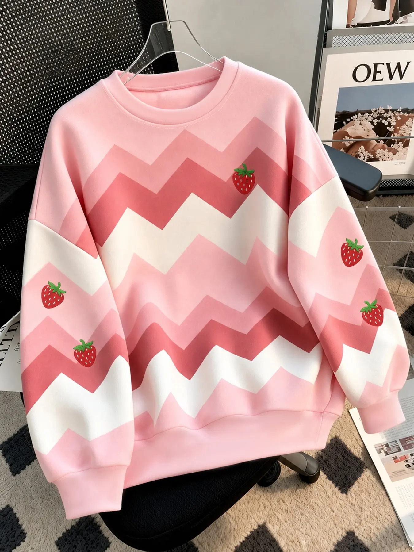 Women's Sweatshirt with Strawberry Print, Cute and Playful, Long Sleeve, Fall Winter New Arrival, Retro Style, Campus Fashion