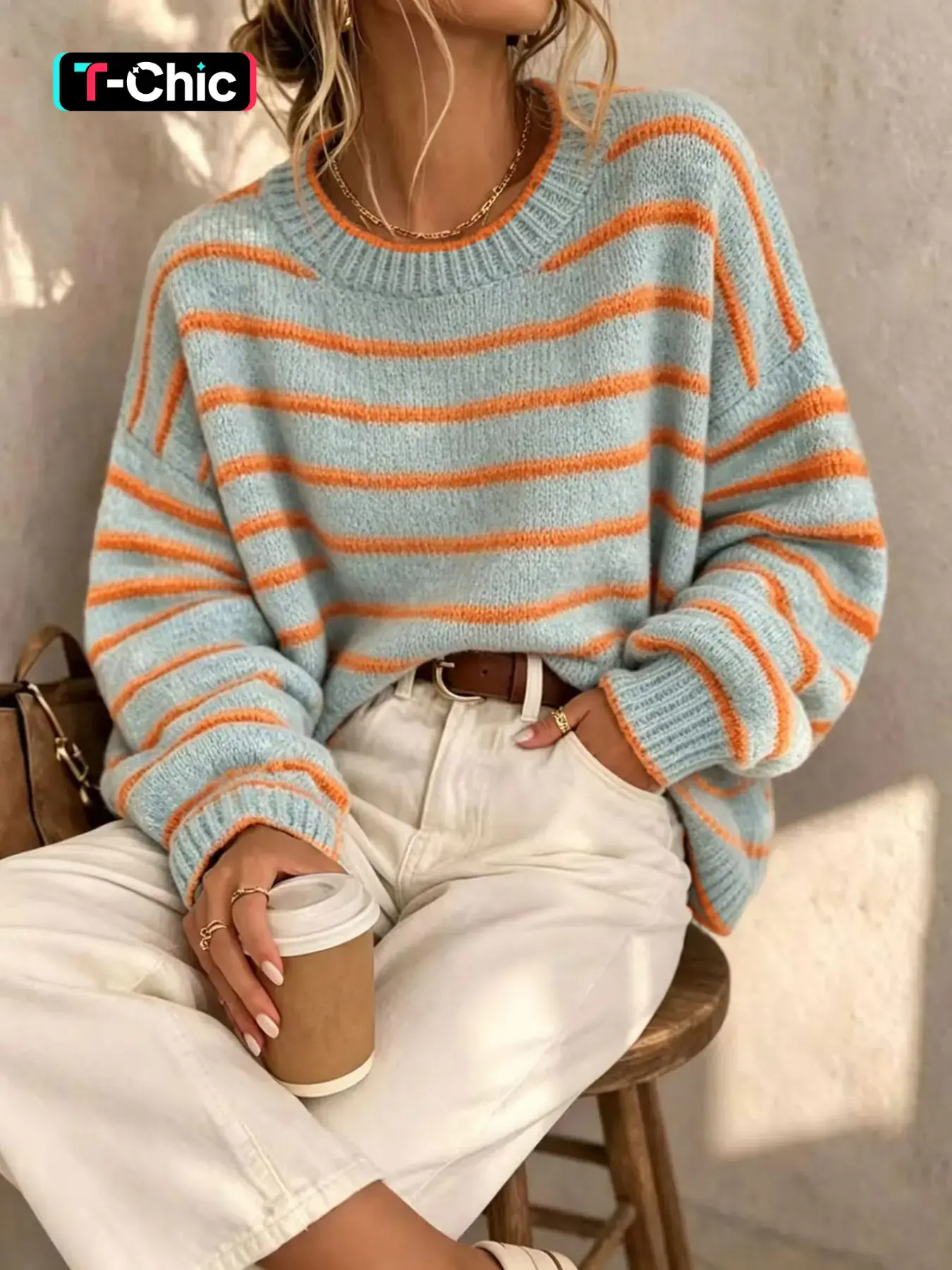 Women's Striped Round Neck Long Sleeve Sweater, Casual Fall & Winter Jumper for Daily Wear, Fashionable Loose-Fit Knitwear
