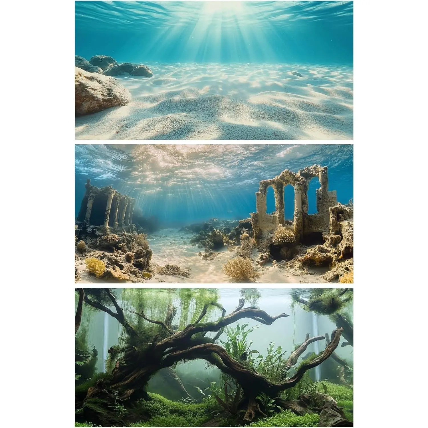3 PCS 30x18 Inch Polyester Aquarium Background Cloth Fish Tank Backdrop Undersea Ruins Sunrays Tree Branches Aquatic PlantsGift