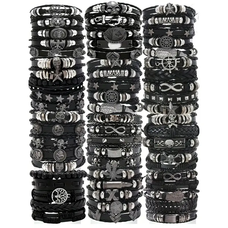 Punk Look PU Synthetic Leather Bracelets for Men - 10/20/30 Pcs Gothic Mix Pack, Unique Gifts for Man, Funky Accessories for Holiday Wear, Funky Unique Accessories, Pu Leather