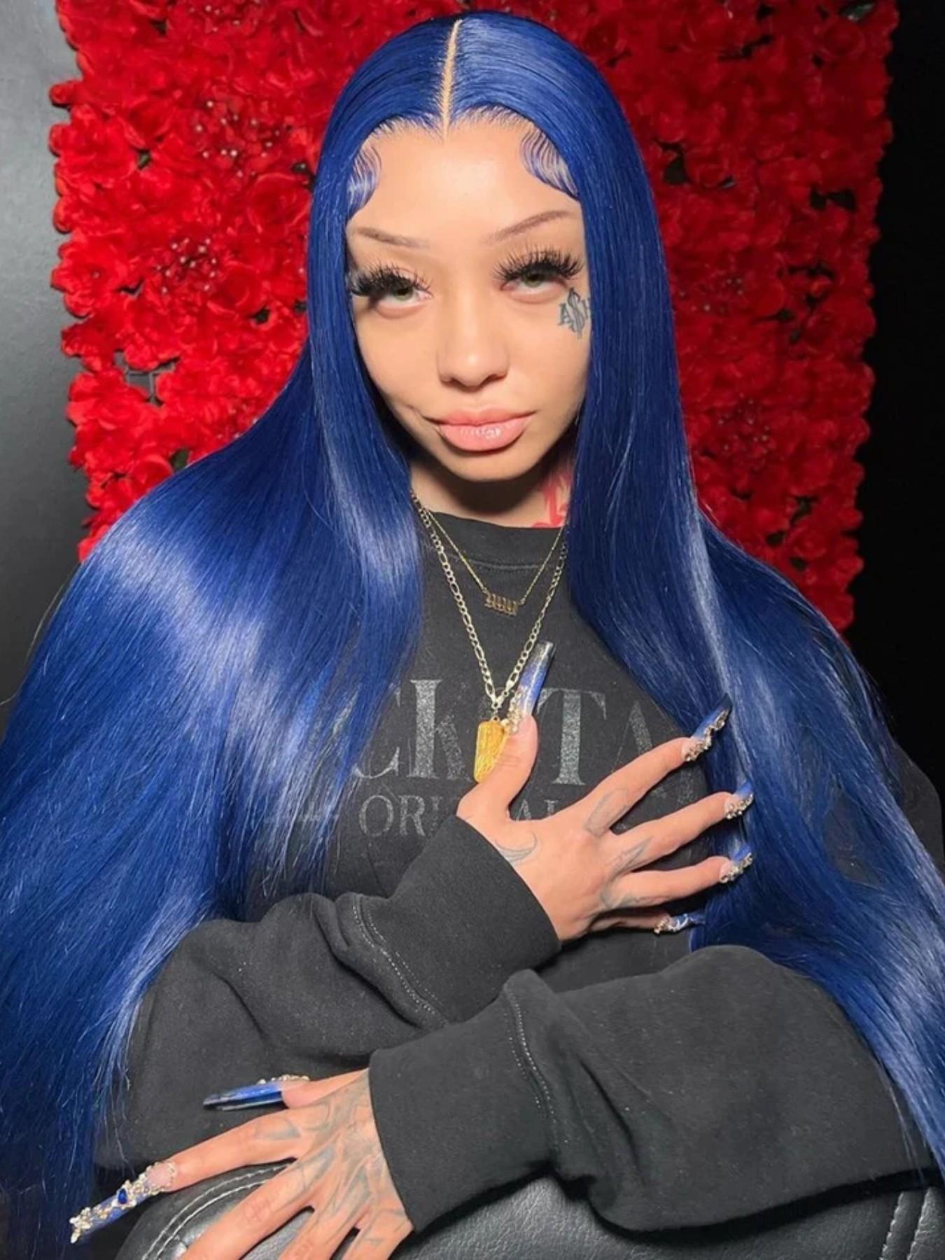 28-Inch Deep Blue Straight Wig for Women, Soft Lace Front, 180% Density, Pre-Plucked, No Glue, Heat Resistant, All Seasons