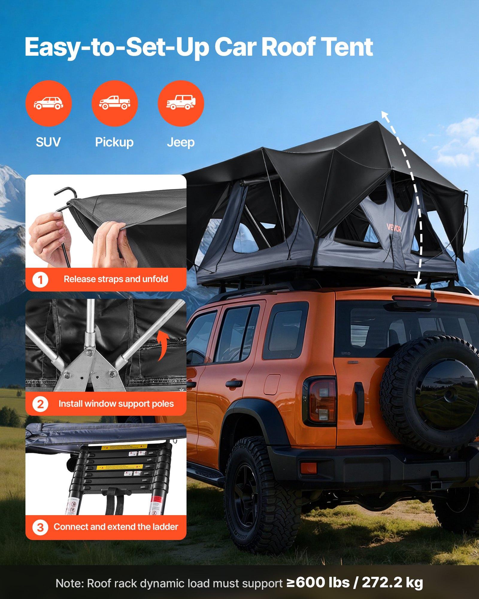 VEVOR Rooftop Tent, 2-3 Person Foldable Aluminum Roof Top Tent with Tri-Color LED Light, Thick Mattress 10 Windows, Waterproof Windproof Overland Camping Car Roof Rack Suitable for Jeep SUV Pickup