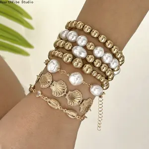 VSCO Aesthetic Layered Starfish & Shell Bracelet Set | Flexible High-Elastic Ocean Beaded Chain Pack, Detachable Y2K Coconut Girl Beach Vacation Jewelry Gift