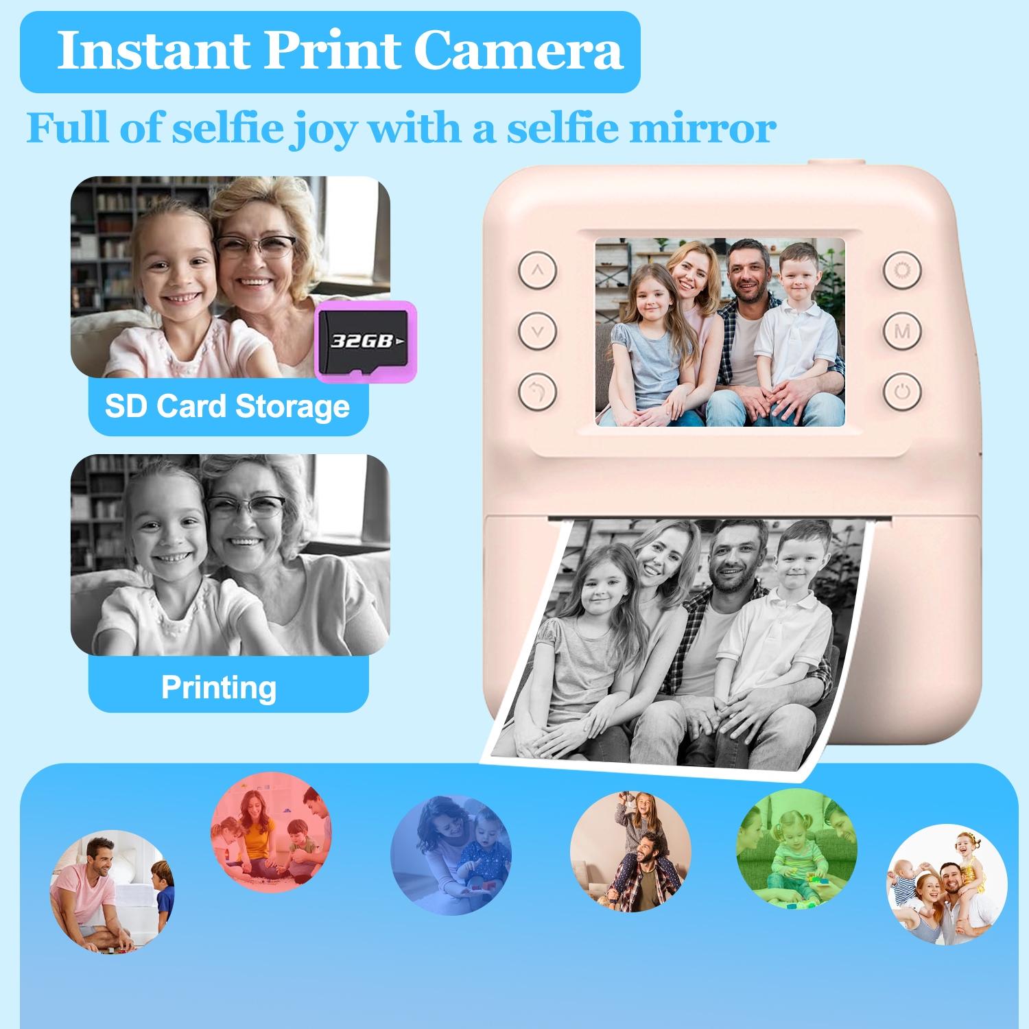 Kids Instant Print Camera 48MP High Definition 1080P Video, 8X Magnification Zoom with Flashlight, 5 Color Photo Filters, 3s/5s/10s Timed Shooting & 3/5 Burst Shooting, Includes 3 Rolls Printing Paper, Great Camera Toy for Kids
