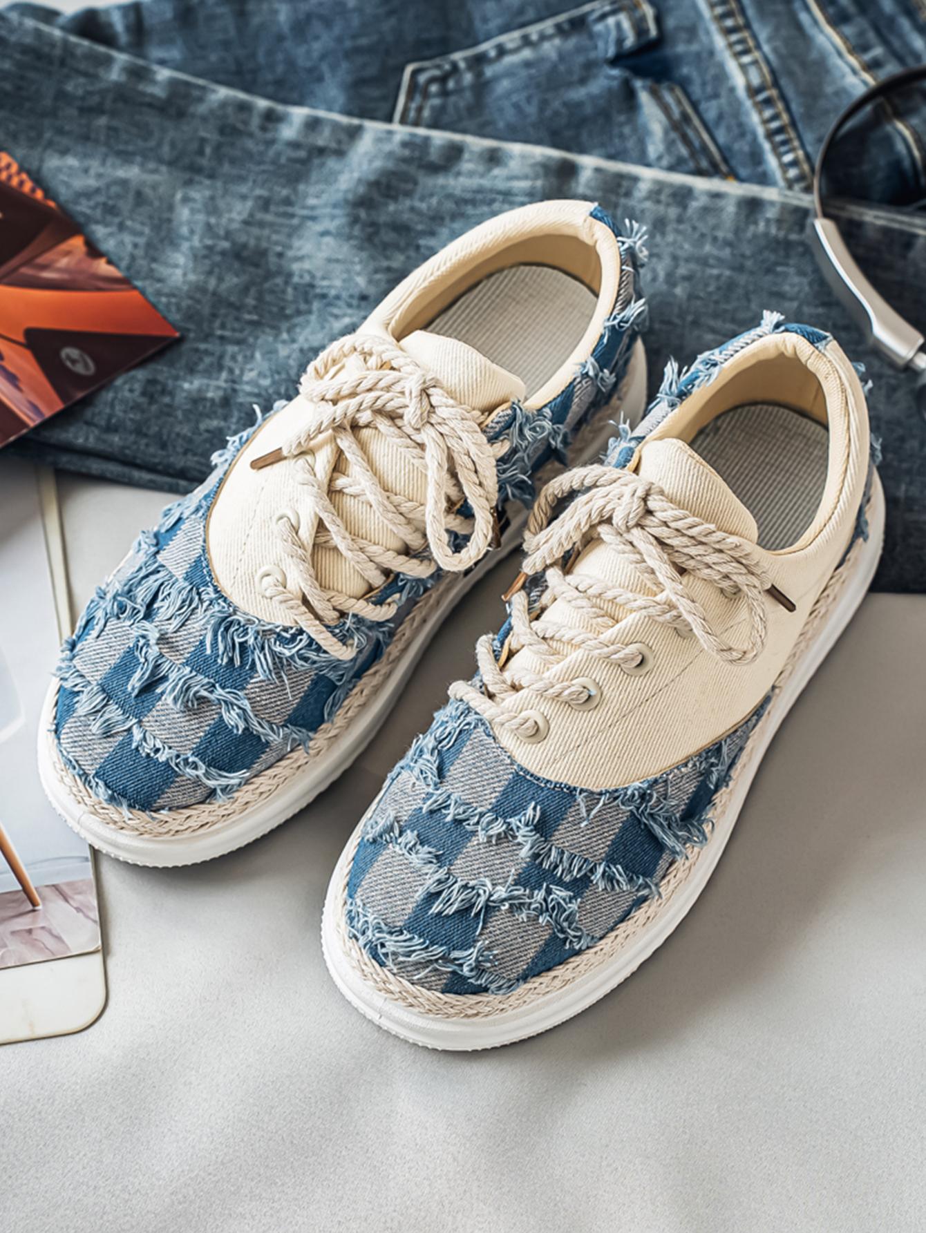 Summer New Men's Plaid Patchwork Hemp Rope Laces, Vintage Straw Trim Soft Elastic Thick Sole, Casual Checkered Shoes for Commute and Streetwear