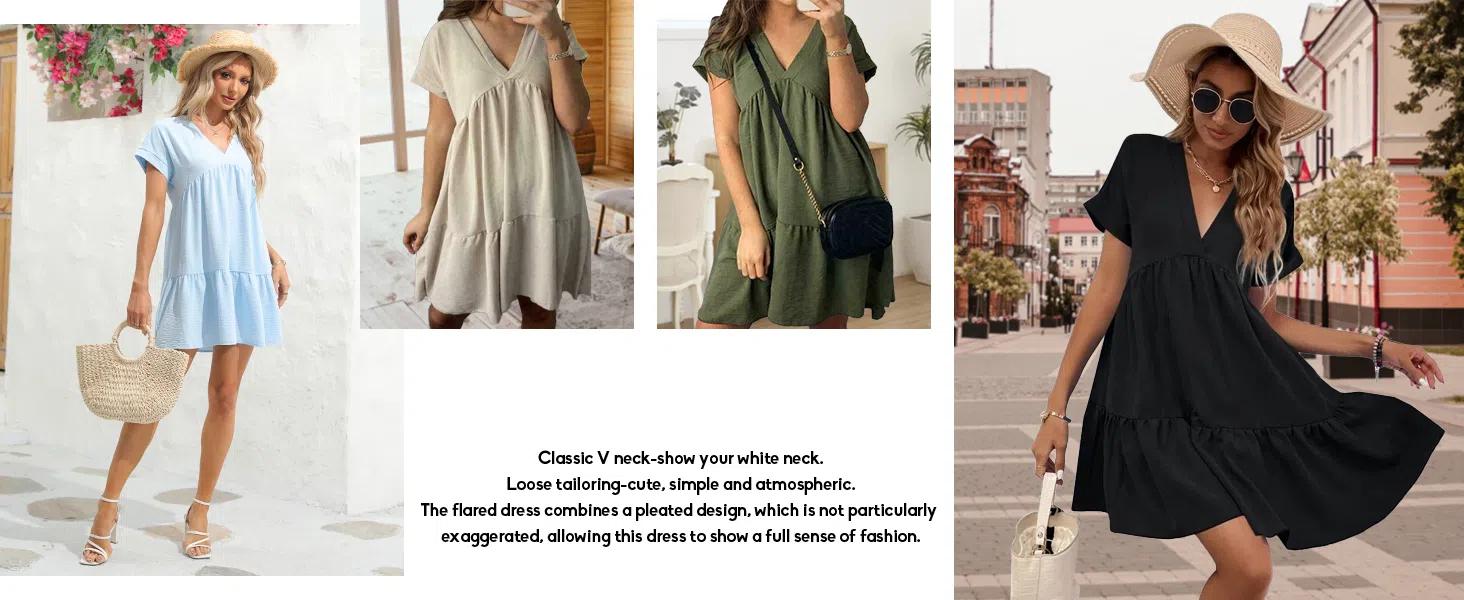 LAICIGO Women Summer Simple Style V Neck Flowy Babydoll Dress Comfy Loose Fit Short Sleeve Mini Tunic Dress Beach Dresses LAICIGO Women Summer Simple Style V Neck Flowy Babydoll Dress Comfy Loose Fit Short Sleeve Mini Tunic Dress Beach Dresses