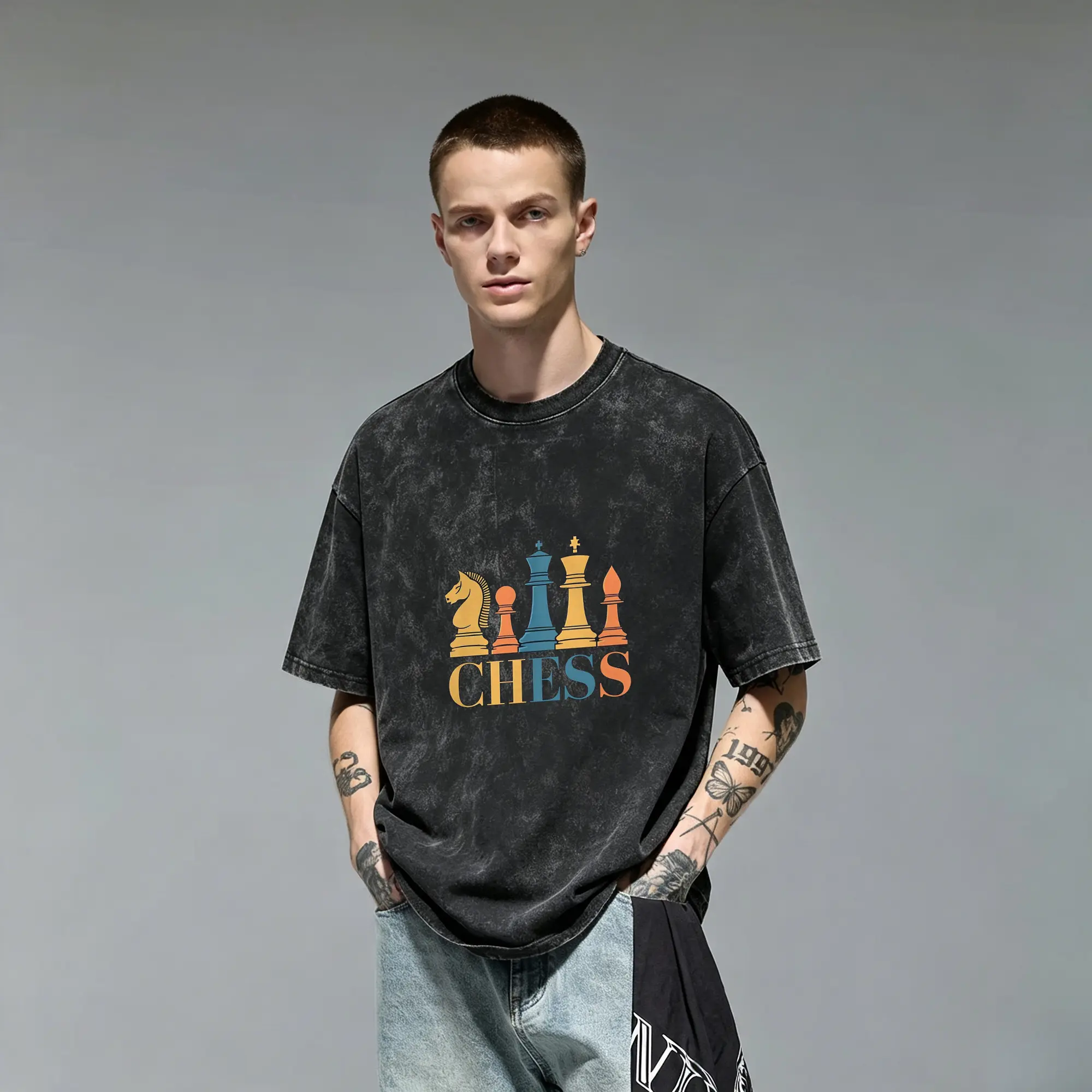 Retro Chess Pieces Board Game Grandmaster Player Geek Nerd Humor Chess Club Outfit Art Vintage Washed Loose Fit Acid Wash Oversized 100% Cotton Graphic Tee T-Shirt for Men Novelty Gift Cutting Ideas Casual Everyday Wear Urban Streetwear Top