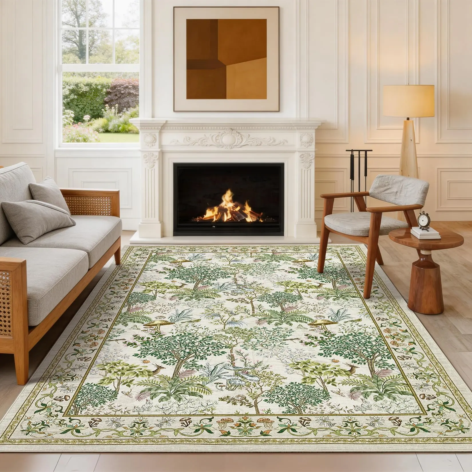 5x7 Washable Vintage Floral Retro Mushroom Green Carpet, Low Pile Non-Slip Ultra-Thin Rug for Living Room, Office, Kitchen & Nursery