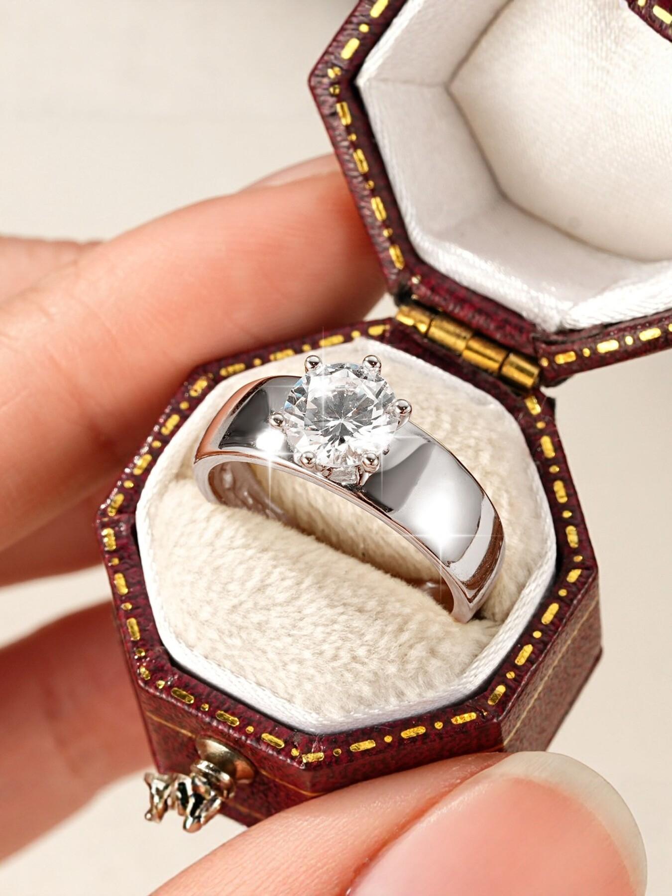 Wide six-prong Zircon Solitaire Ring for Women, Thick Band, 5A CZ Engagement Wedding Promise Ring, 2026 Timeless Engagement Ring Dupe, Perfect Daily Wear & Gift for Her