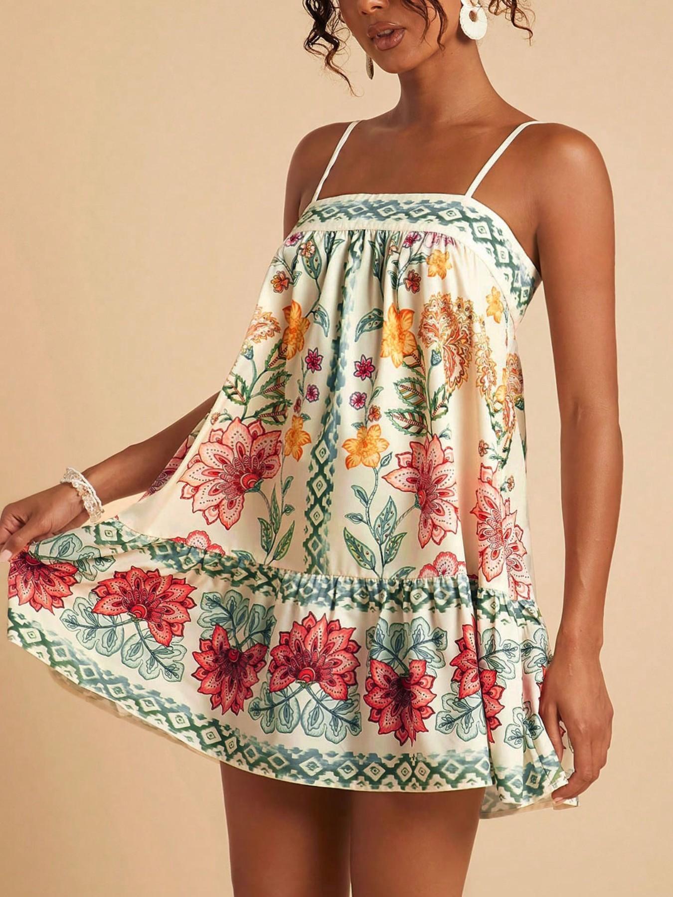 Women's Casual Chic Floral Print Sundress, Summer Wear, Bohemian Style Dress for Parties, Vacations and Beach, Boho, Fit
