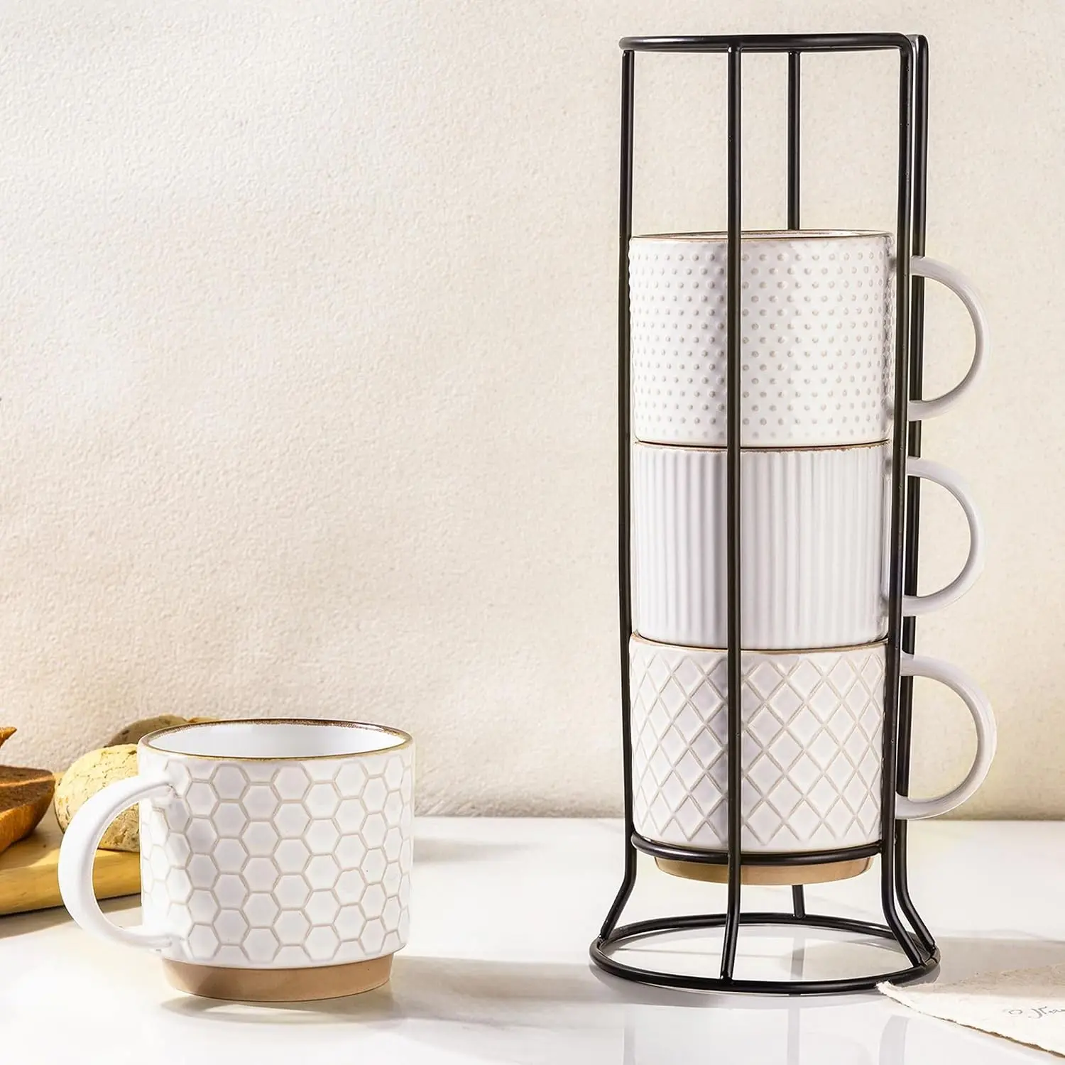 12 OZ Stackable Coffee Mugs Set of 4, Ceramic White Coffee Cups Set