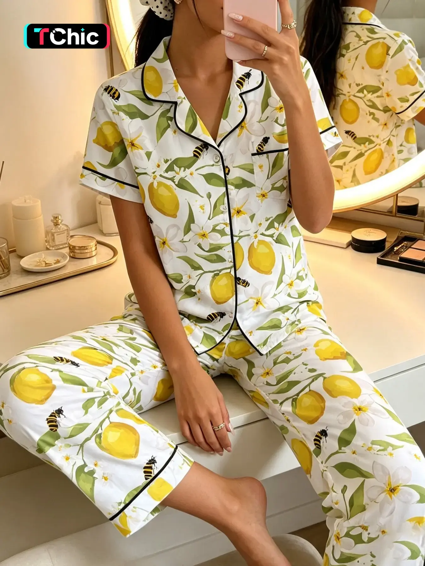 Women's Short Sleeve Pyjama Set, Casual Ankle-Length Sleepwear Loungewear, Lemon Bee Print, Soft Breathable, 2-Piece Home