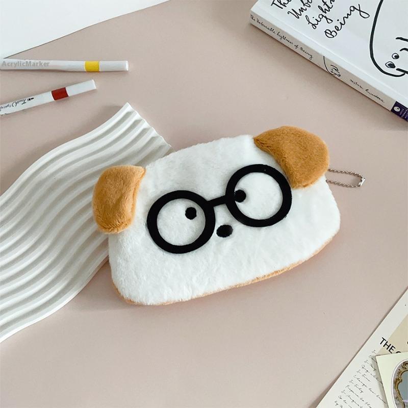 Cute Glasses Puppy Kitten Plush Pencil Case Large Capacity Pencil Bag Student Stationery Storage Bag Small Wallet Birthday Gifts