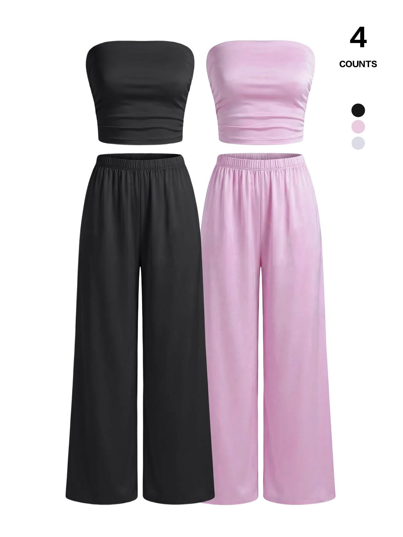 Elegant Two-Piece, Strapless Top & Wide-Leg Trousers, Lightweight & Breathable, Perfect for Spring & Summer Wear