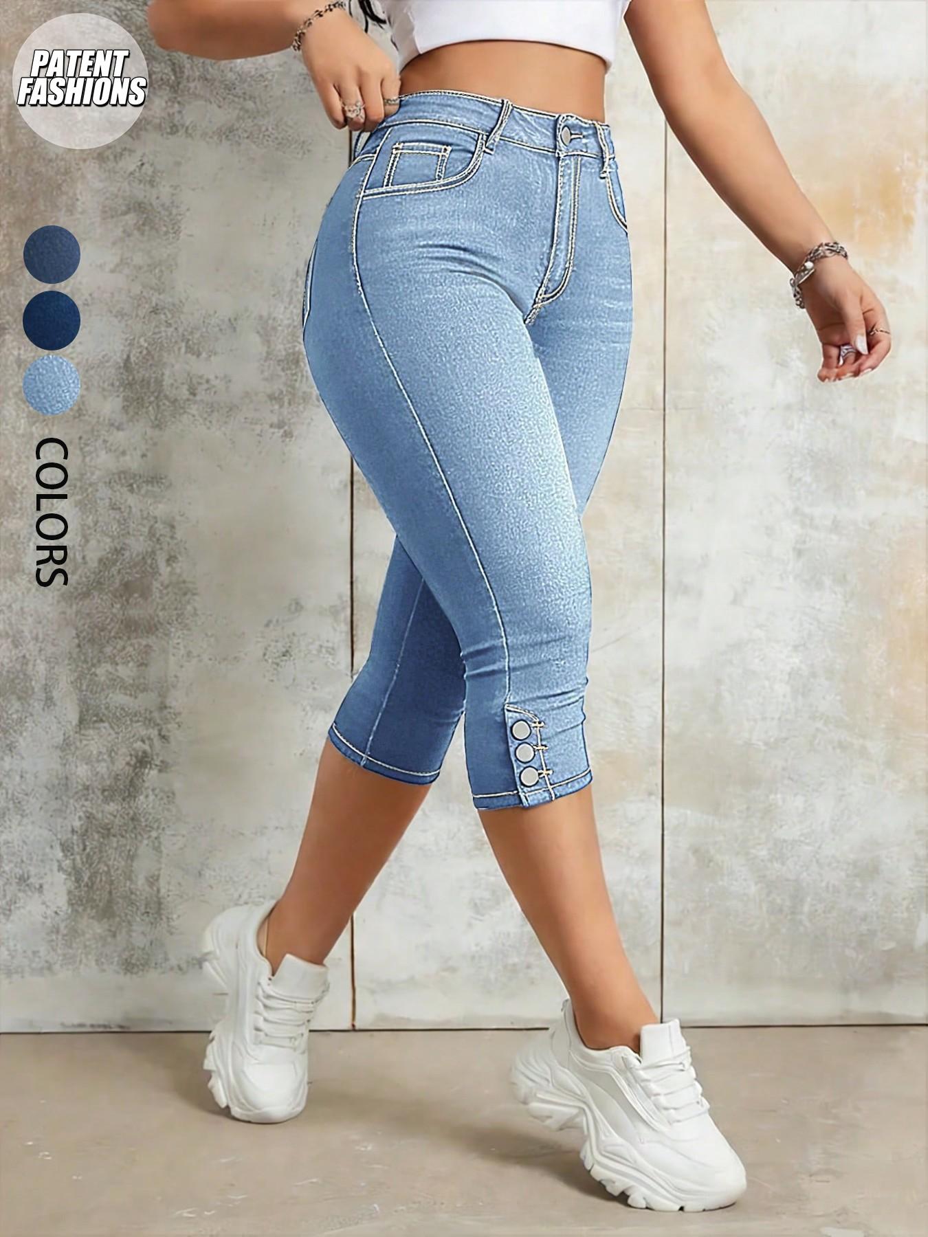 Women's Pockets Button Stretch Slim Fit Denim Capri Jeans Pants, Casual Butt-Lifting Daily Wear for All Seasons Women's Pockets Button Stretch Slim Fit Denim Capri Jeans Pants, Casual Butt-Lifting Daily Wear for All Seasons