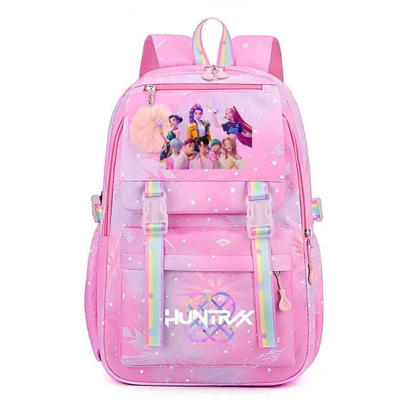 Pink Purple Gradient Star KPOP Cartoon Backpack for Adult Teens Women, Rainbow Ribbon Zipper Casual Daypack, Multi-Compartment School Travel Backpack with Fluffy Pom Pom Decor #WWT