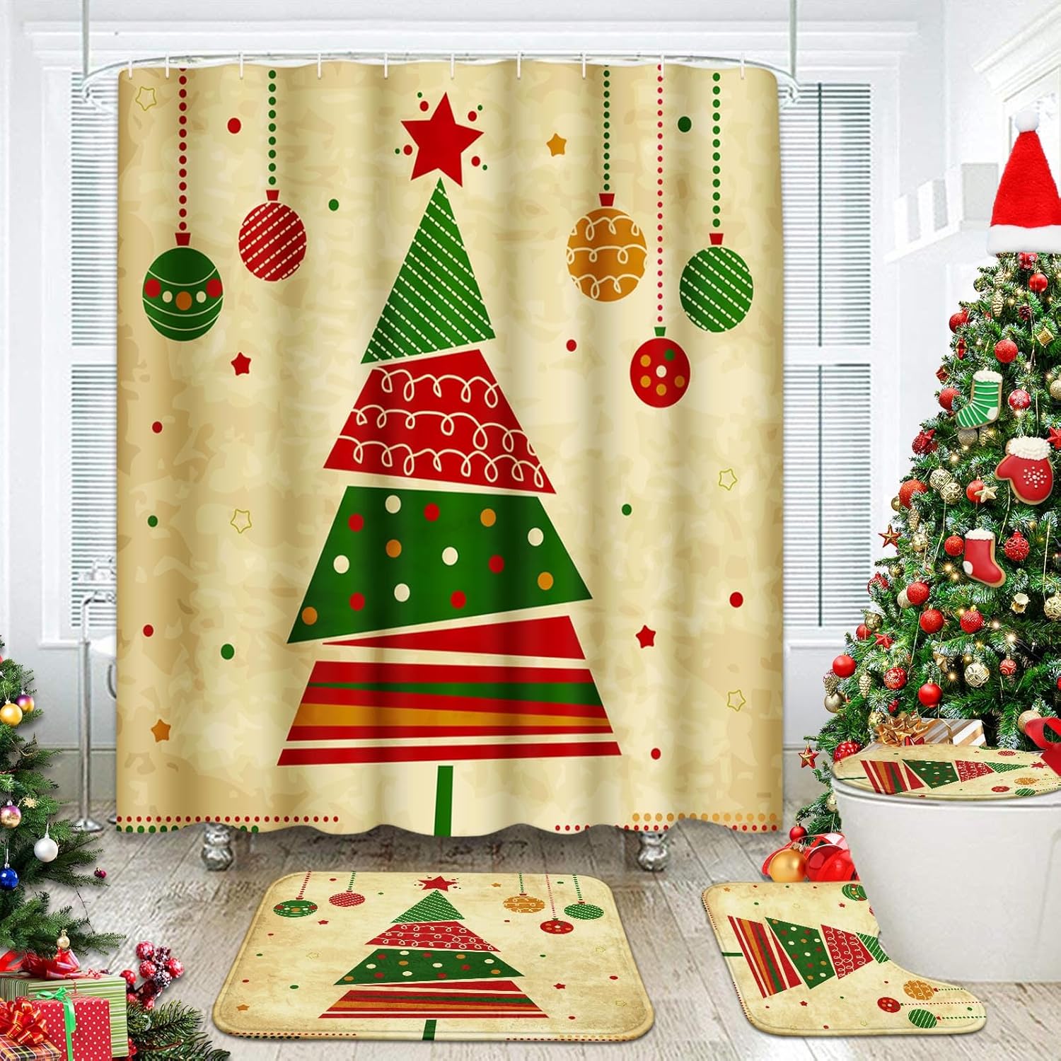 4 Pcs Shower Curtain Set Merry Christmas Happy New Year with Non-Slip Rugs Toilet Lid Cover and Bath Mat Bathroom Decor Set