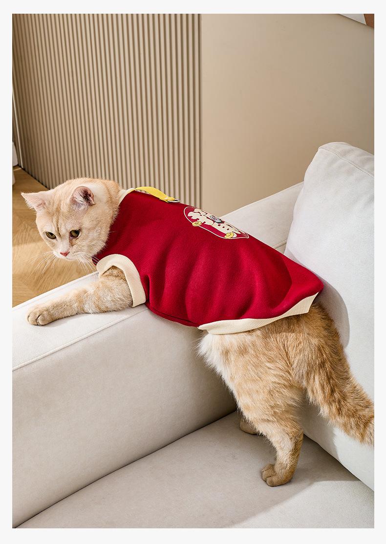 Cat Clothes Winter Warm Fleece Lined Thickened Festive Auspicious for Small Dogs with Leash Attachment