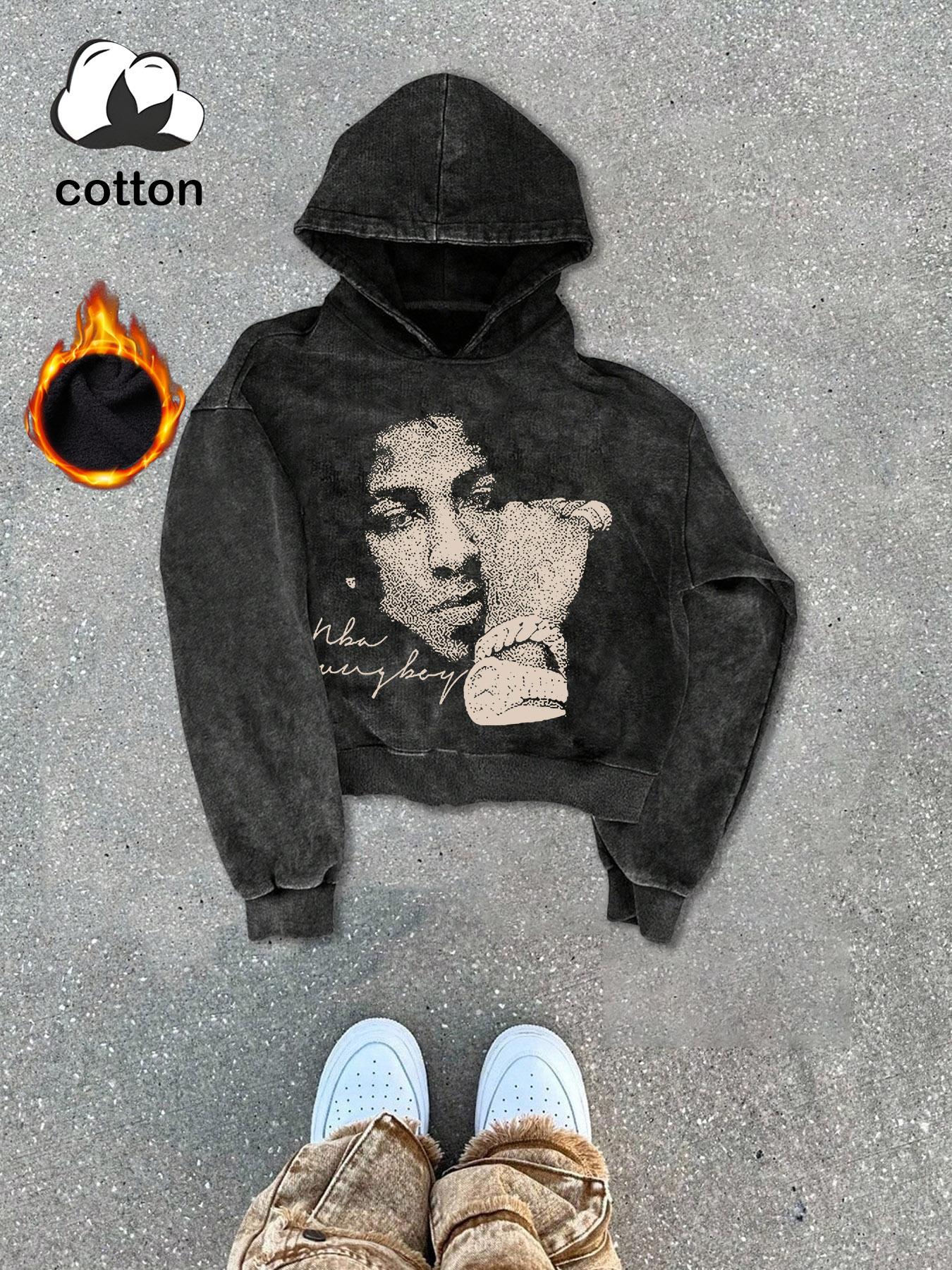 Heavy metal concert youngboy never broke again cotton men's street retro style washed hooded sweatshirt fashionable trendy casual men's tops, men's long sleeve plus velvet autumn and winter style