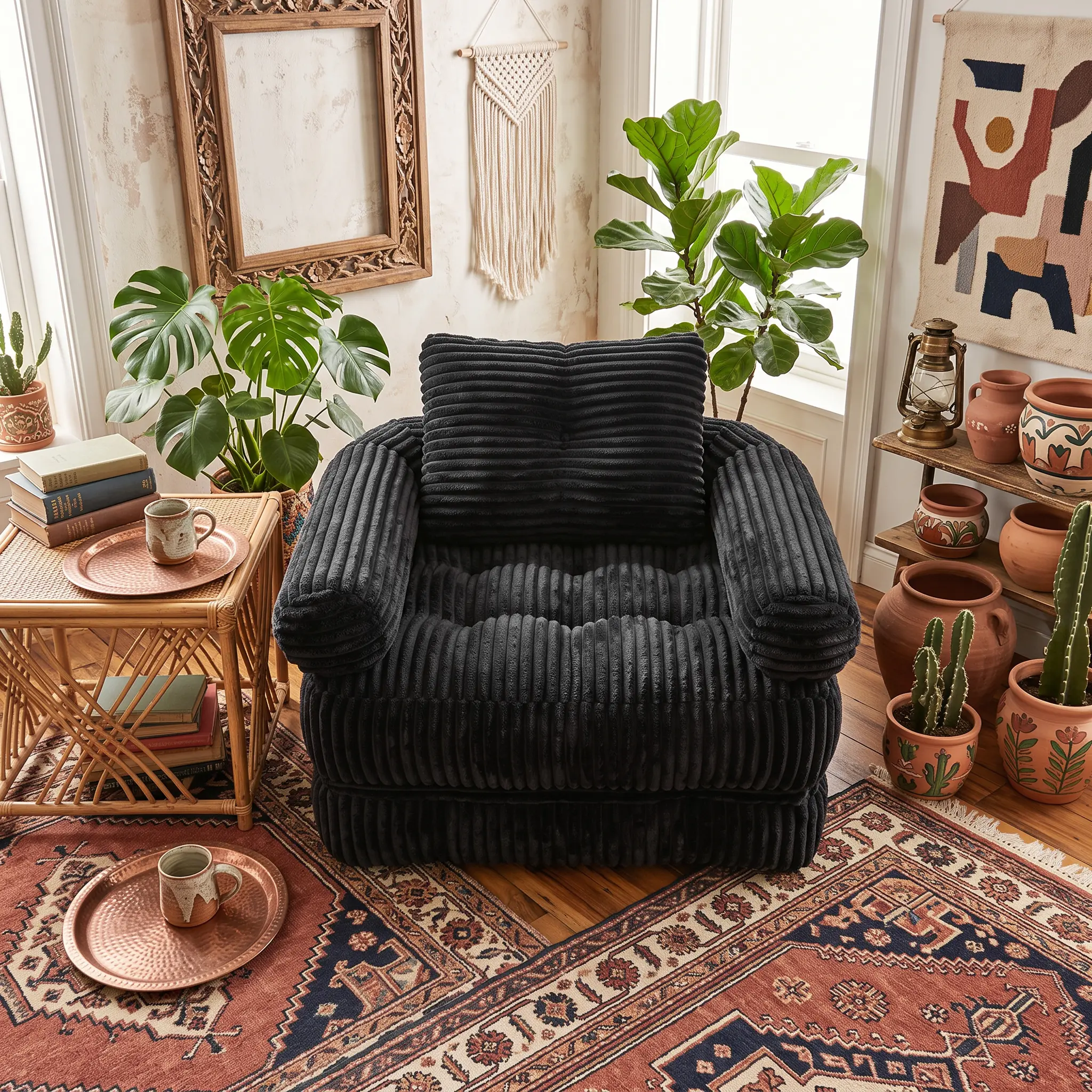 Black Corduroy Foldable Lazy Sofa Bed, Multifunctional 2-in-1 Single Recliner, Reclining & Sleeping Leisure Sofa for Living Room and Bedroom