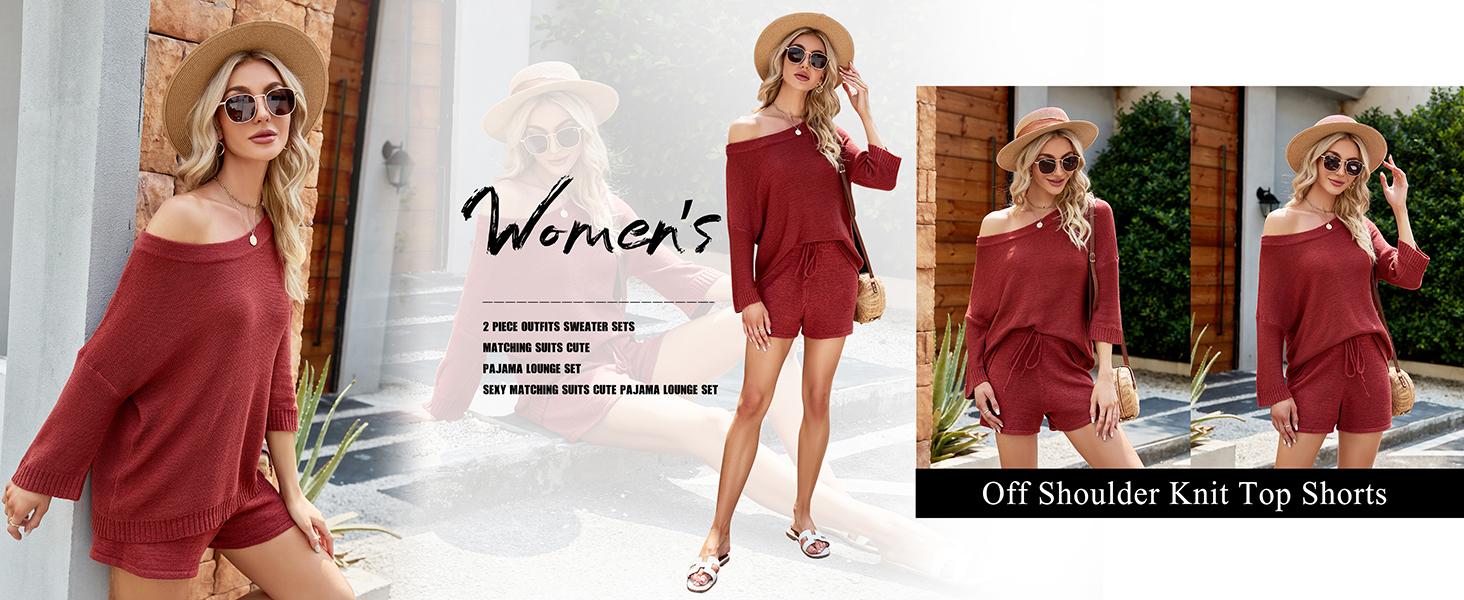 Goranbon Womens 2 Piece Knit Outfits Off Shoulder Sweater Tops Shorts Lounge Pajamas Set Summer Suit Goranbon Womens 2 Piece Knit Outfits Off Shoulder Sweater Tops Shorts Lounge Pajamas Set Summer Suit