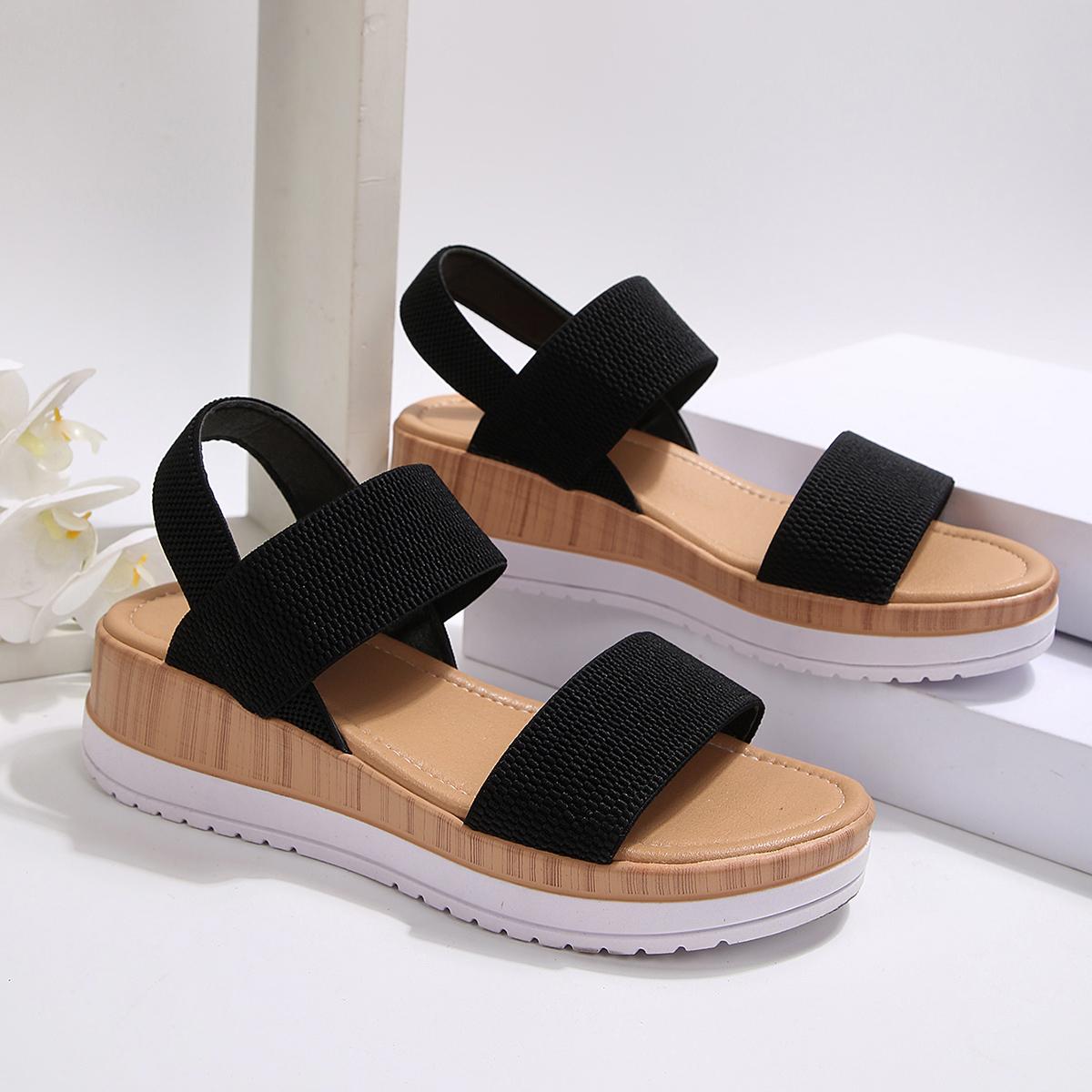 Minimalist Stretchy Strap Slingback Wedge Sandals, Layer Platform Everyday Summer Footwear for Women, Strappy Wedge Sandals