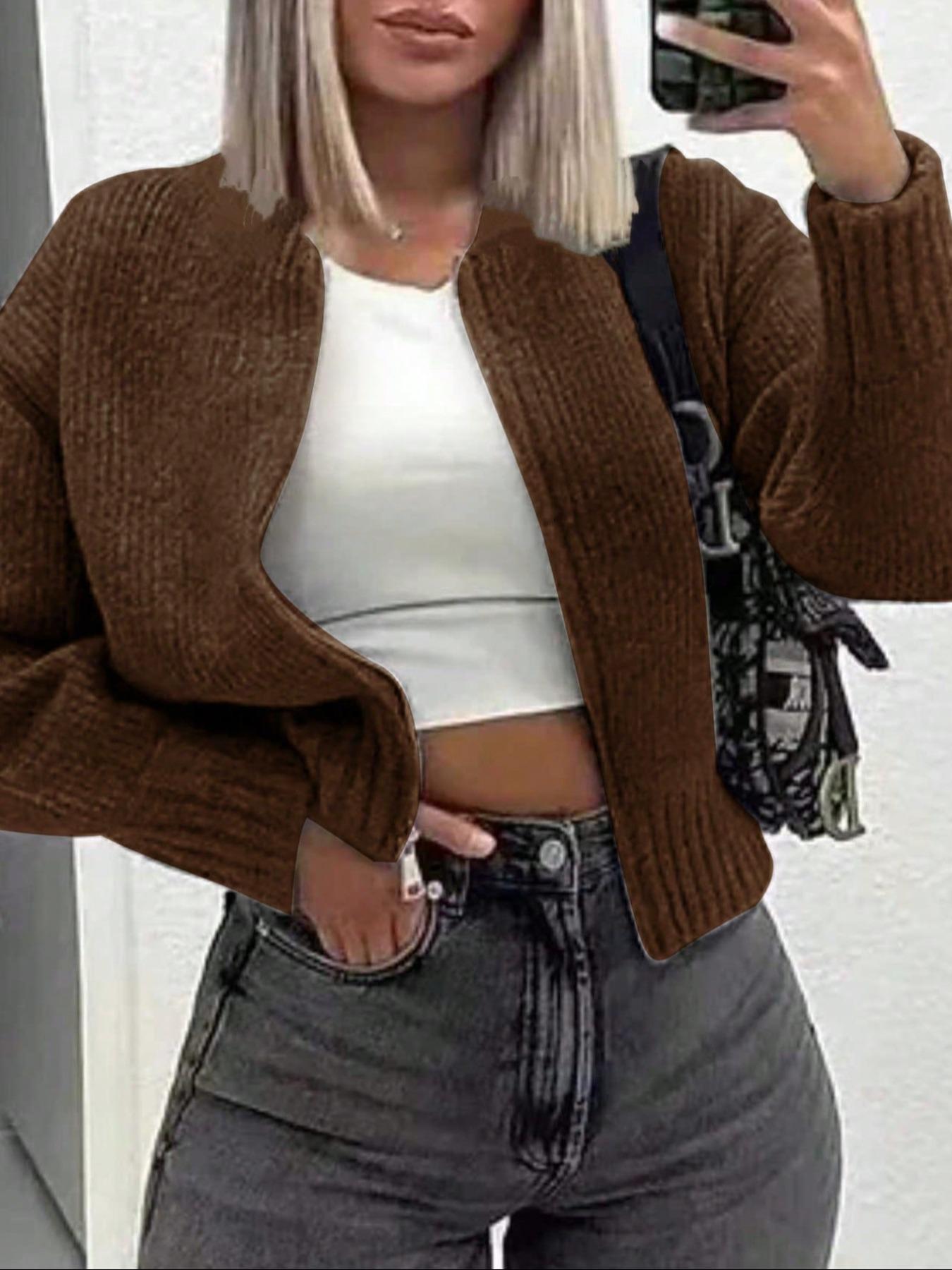 Women's Solid Drop Shoulder Zipper Sweater Cardigan, Casual Long Sleeve Round Neck Thick Knitwear for Fall & Winter, Fashion Women's Knit Clothing for Daily Wear