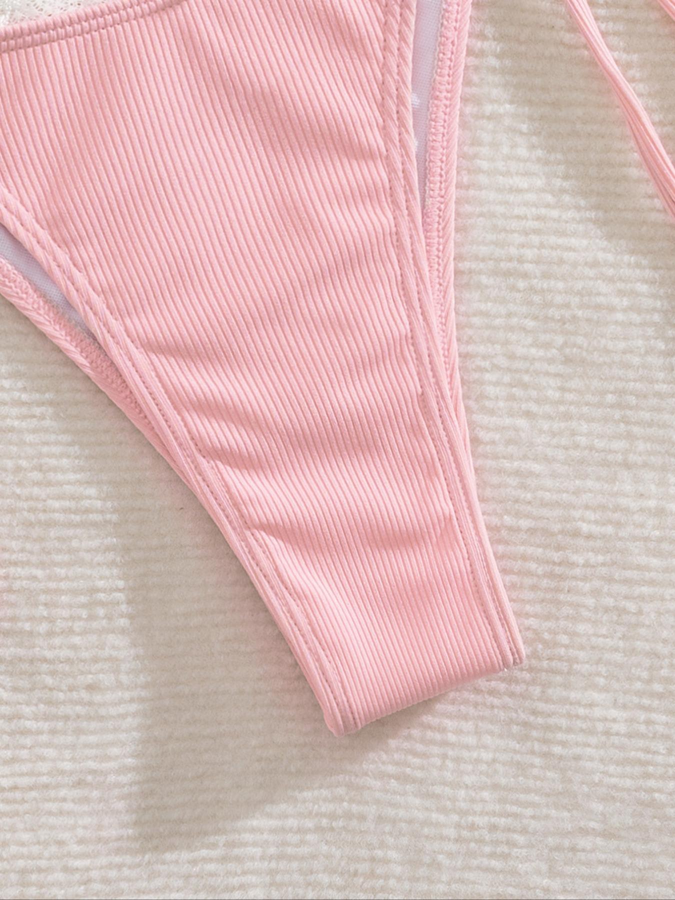 New Soft Padded Solid Lace Trim Thin Strap Tie Back Sexy Bikini Set, Summer Beach Fashion Women's Swimsuit, Sleeveless Plain Design, Tie Back Bikinis