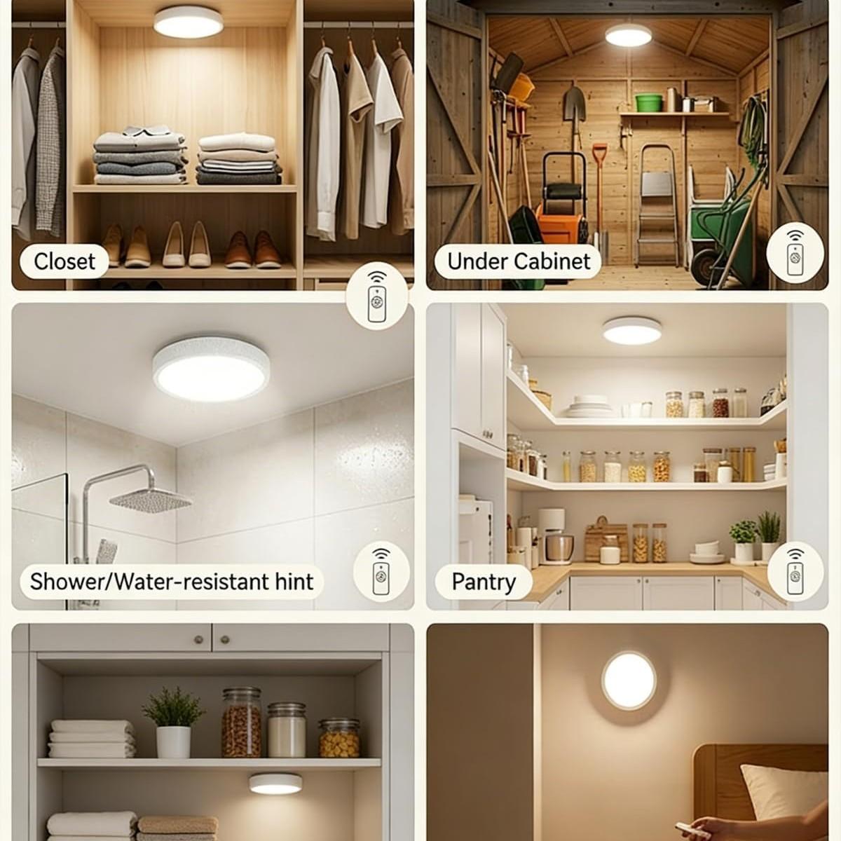 LED Rechargeable Motion Sensor Ceiling Light (2 Pack) with Remote Control, Battery Powered Closet Lamp, Wireless LED Shower Light