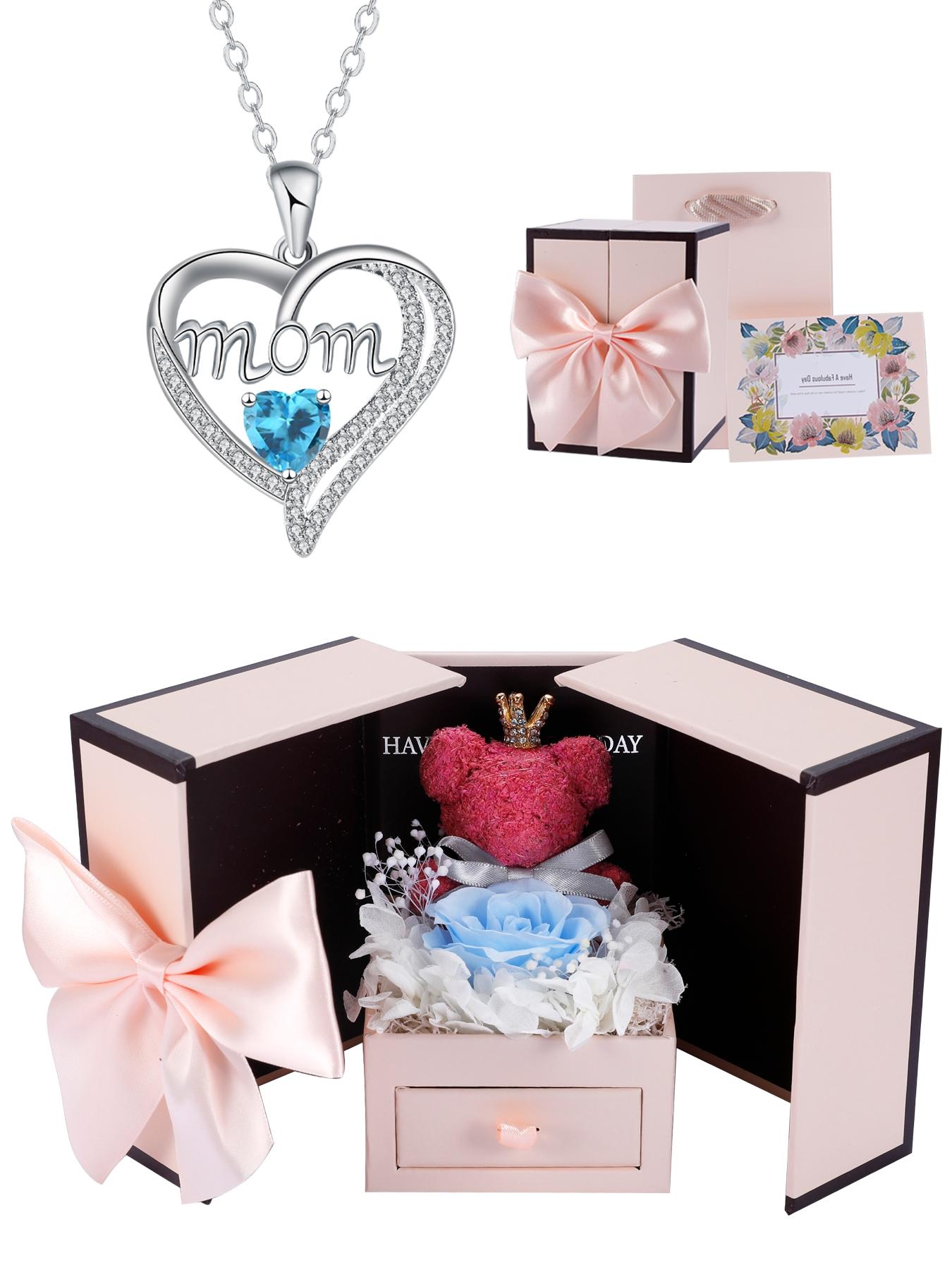 Apple Shape Rose Jewelry Gift Box With Love Heart Mom Pendant Necklace, Anniversary Birthday Jewelry First Mom Gifts for Women Wife, Mother's Day Jewelry Gift for Mom Heart Design Necklace