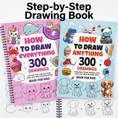 Cute Animal & Food Drawing Tutorial Notebook, Doodle Books, Art Sketchbooks, Craft Supplies, Spiral Bound Sketchbook with Cute Patterns, Perfect for Beginners Learning Illustrations!