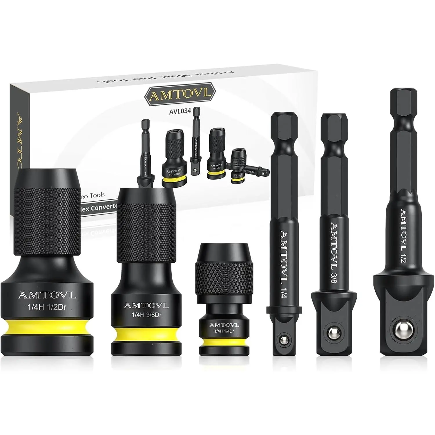 AMTOVL 3Pcs Socket Adapter Kit for Mechanics - 1/2-3/8-1/4 in Female Drive to 1/4 Hex Converters, Quick Release Yellow Tool, 1-Handed Use for Ratchets, Impact Bit Holders & Drill Chucks, One-Handed