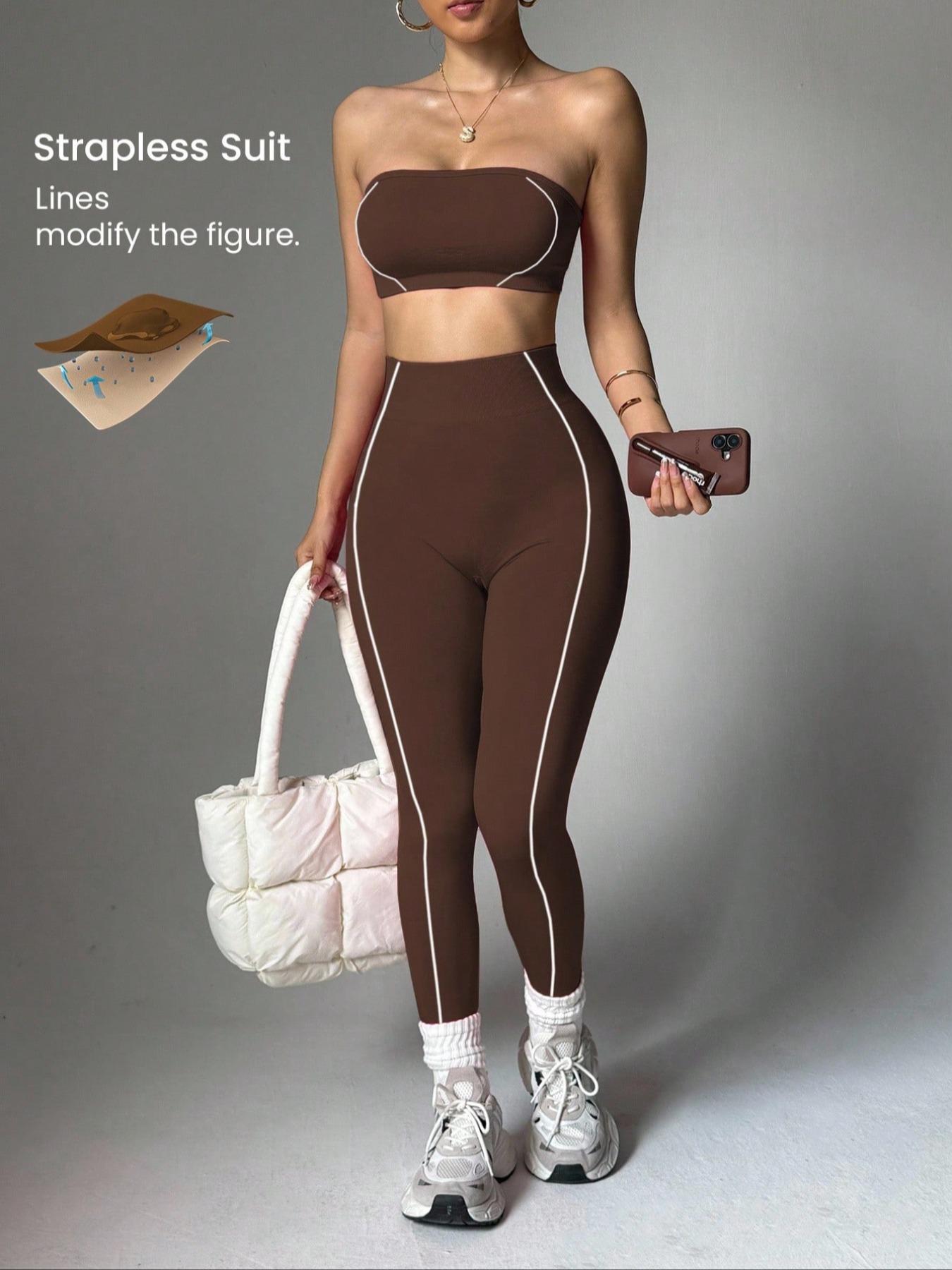 Two-piece seamless yoga sportswear set for women, chest wrap + tights, silicone breast design to prevent sliding, suitable for all seasons, comfortable and breathable, suitable for cycling, fitness, running, yoga, sports, fitness and leisure wear