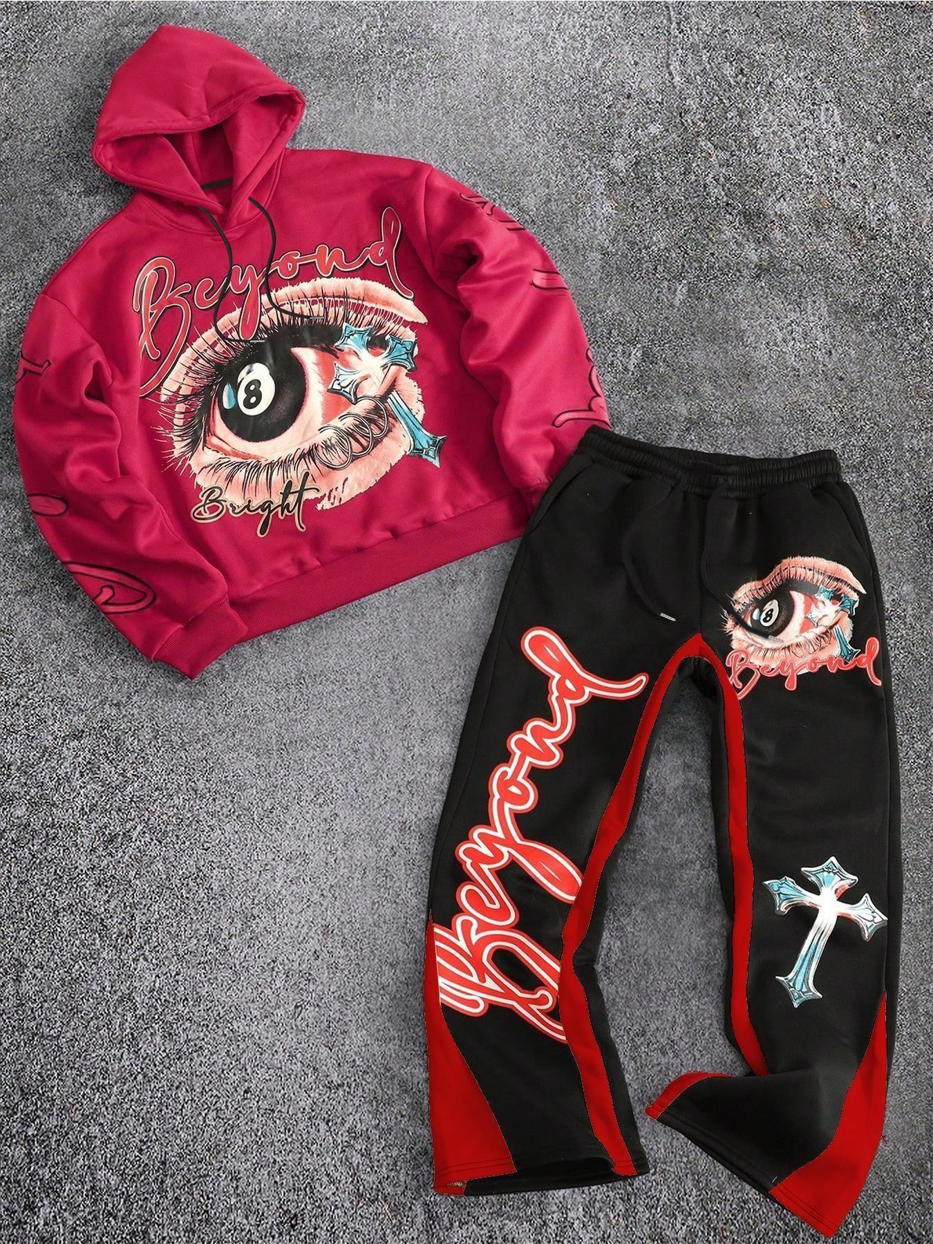 Men's Beyond Letter & Eye Cross Print Hoodie Set, Warm Fleece Lined, Elastic Waist Pants, Streetwear Y2K Style, Couples Fashion, Casual Matching