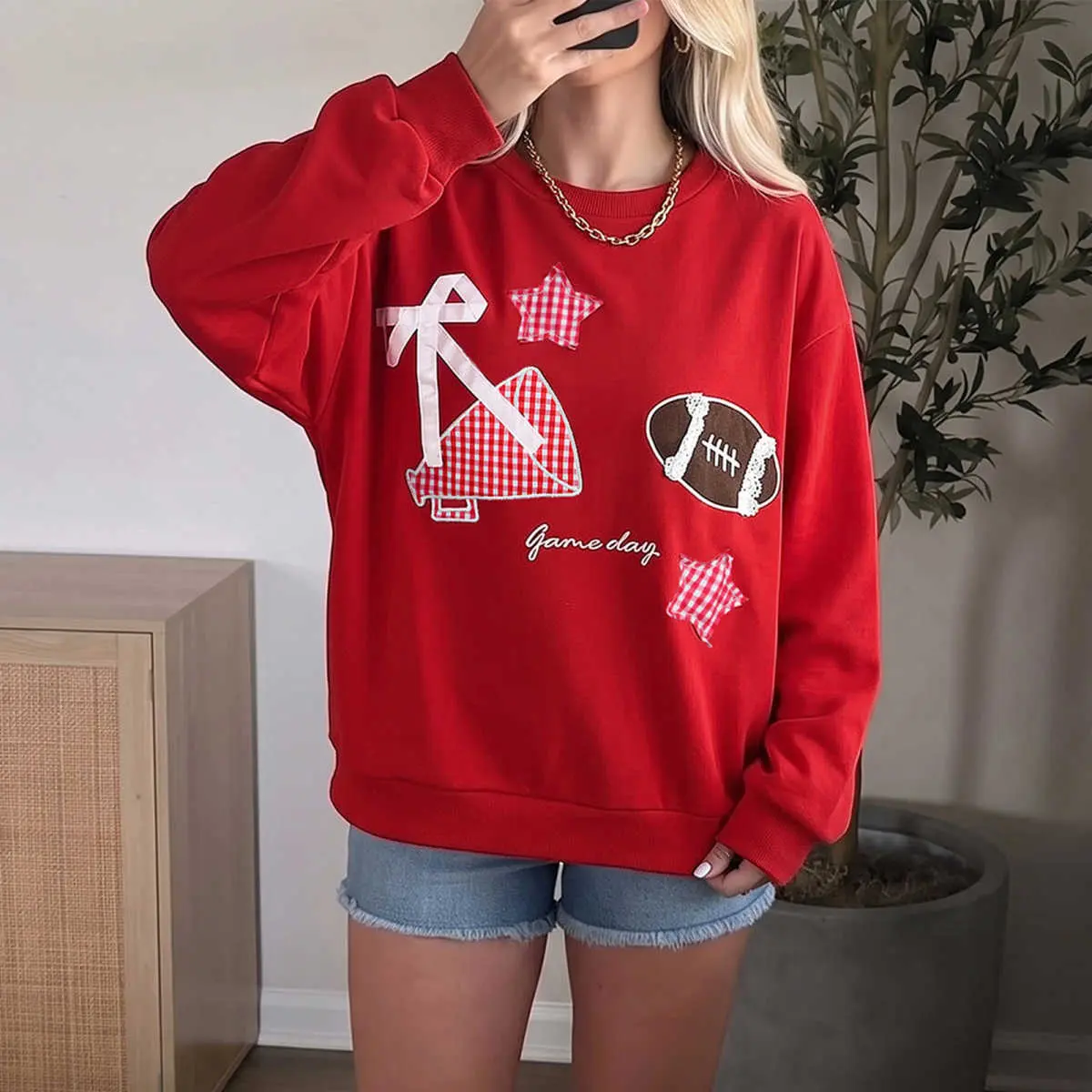 Women’s Comfortable Embroidered Round Neck Casual Football Game Day Sweatshirt - Full Sleeve Poly-Cotton Mix Relaxed Pullover for Fall Tailgate, Stadium Wear