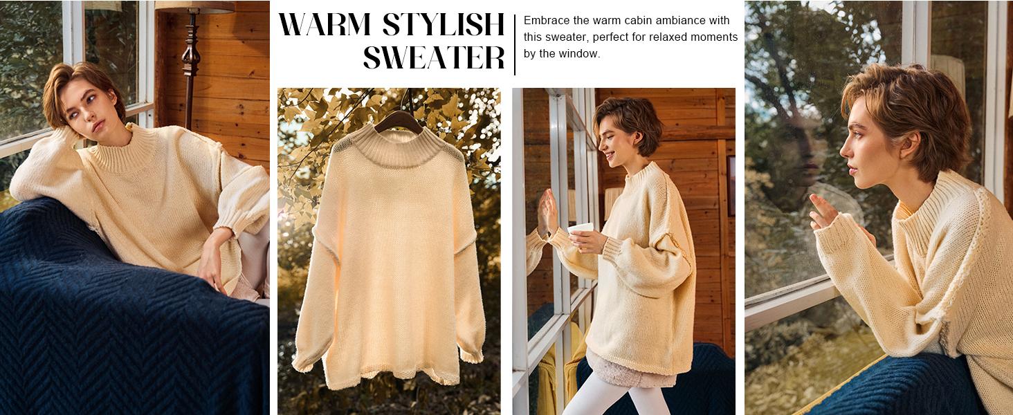 Saodimallsu Womens Oversized Sweaters Mock Neck Batwing Long Sleeve 2025 Fall Trendy Ribbed Knit Casual Tunic Chic Pullover