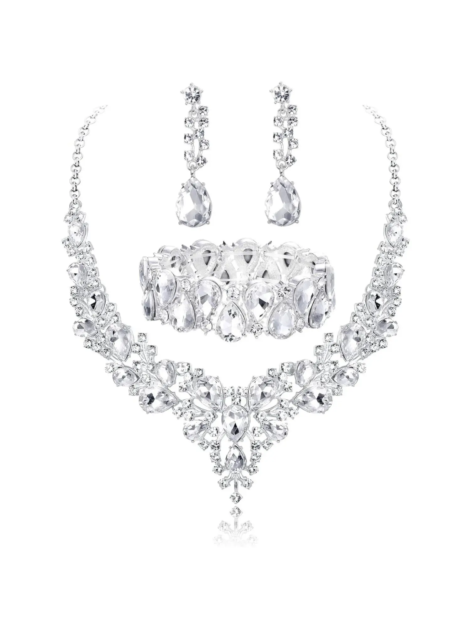 4 Pcs Bridal Rhinestone Jewelry Multipack Alloy Wedding Jewelry for Women Collar Necklace Elastic Rhinestone Bracelet Drop Earrings Gorgeous Layered Teardrop Rhinestone Craft Bright Glamorous Luster Timeless Formal Jewelry for Wedding Birthday