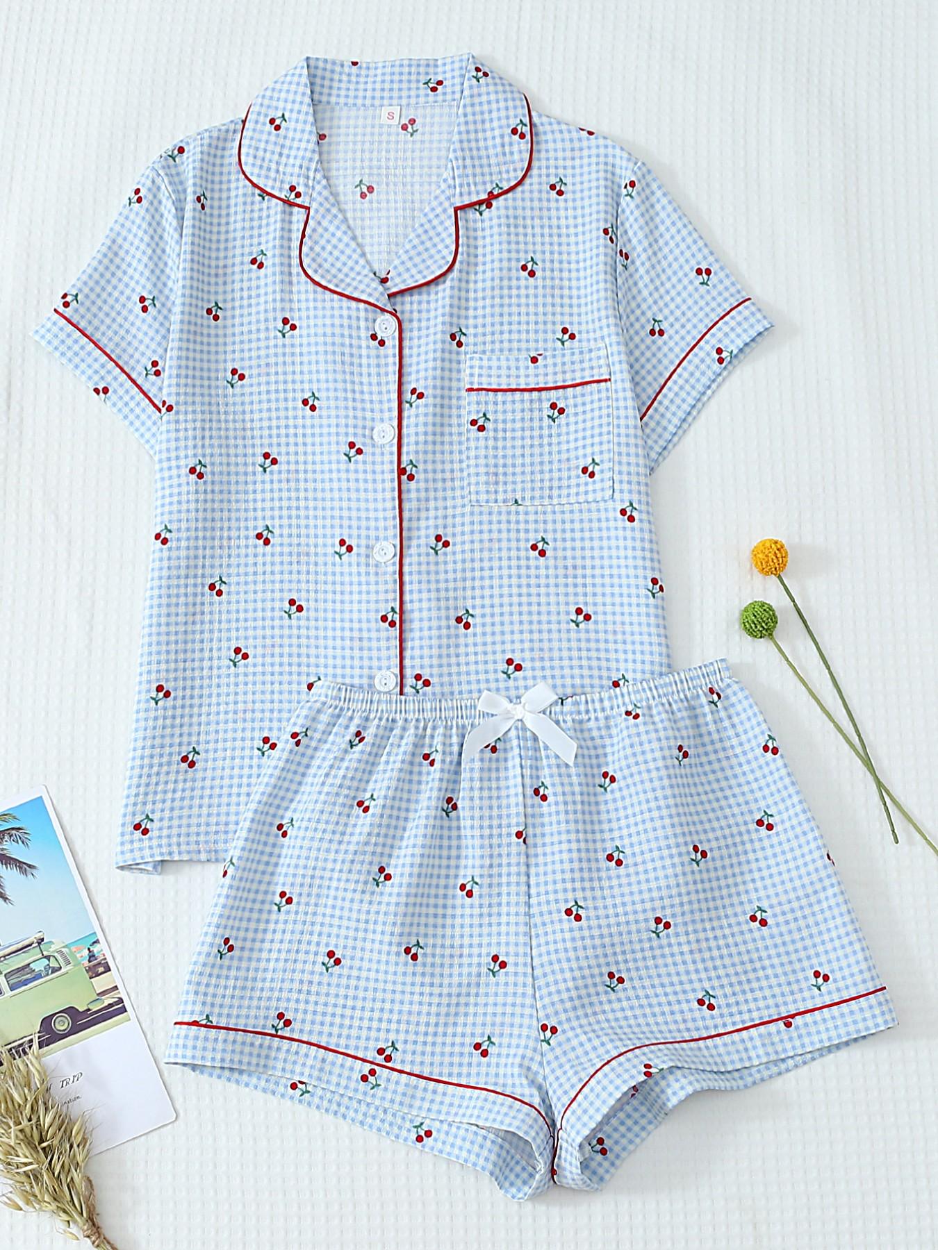 Women's Short Sleeve Button Down Top and Shorts Pajama Set, Spring Summer Wear, For Energetic Teen Girls, Blue White Gingham With Bright Cherry Print, Classic Lapel Collar, Loose Vitality Fit, Comfortable For Home & Gatherings