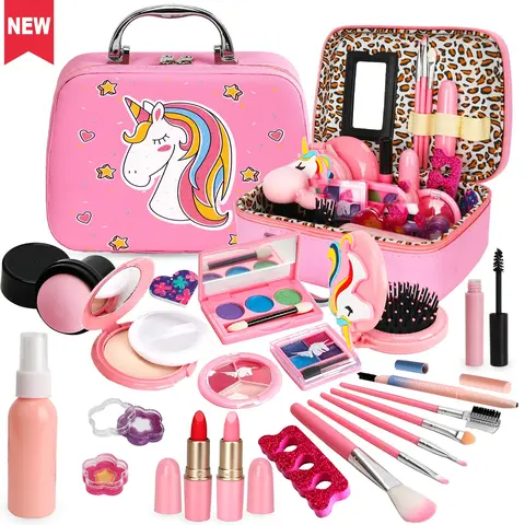 Children's makeup set, washable pretend playset with powder compact, makeup sponge, lipstick, eyeshadow, makeup brush, blush, comb, plastic mirror, and more, Pretend Play Item. Perfect as a birthday or Christmas gift for kids ages 3–12