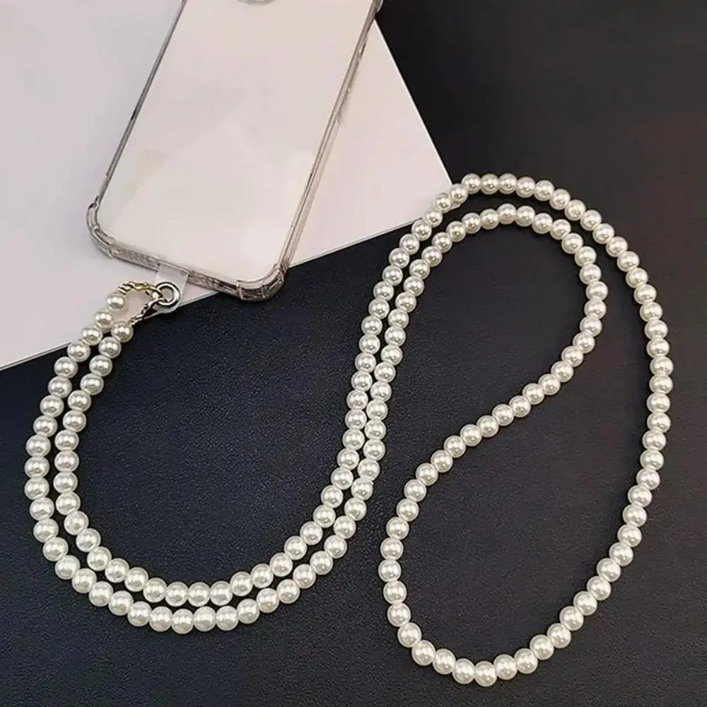 Women's Luxury Elegant Glossy Faux Pearl Round Metal Smartphone Cellphone Lanyard - Dual-Purpose Detachable Bag Charm Accessory, Transparent Card Slot, Lightweight Smooth Pearl Links, for Daily Commutes, Travel, Fits Most Mobile Electronic Devices