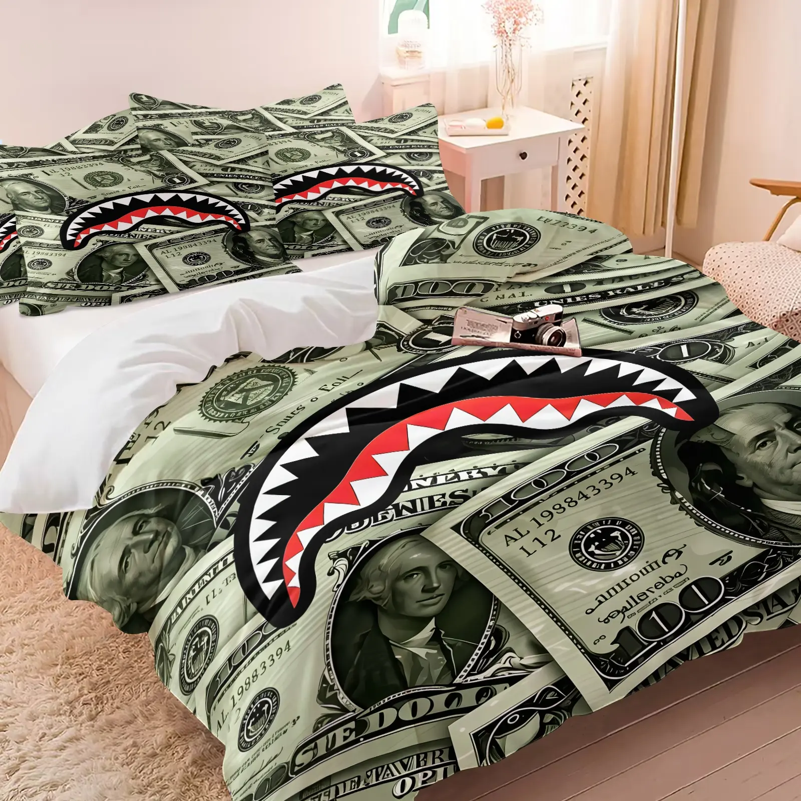 3Pcs Streetwear Money Shark Print Duvet Cover Set, 1 Duvet Cover & 2 Pillowcases Without Core, Cool Hip Hop Street Culture Graphic Print Bedding Set, Soft Breathable All Seasons, Trendy Bedroom Decor For Young Men & Teens, Comfy Bed Set