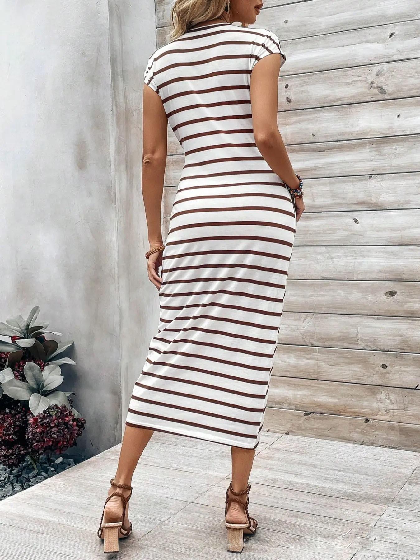 Elegant Waist Tie Striped Round Neck Short Sleeve Long Dress, Summer High-End Women's Fashion, Cross-Border Chic Clothing