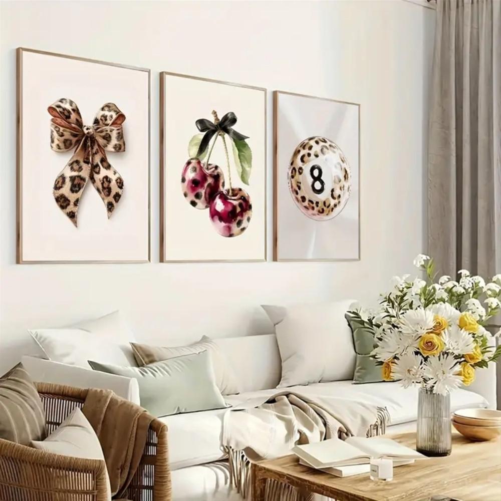 3-Piece Optional Wooden Frame Teen Fashion Leopard Print Bow Cherry 8 Ball Poster High Precision Color Print Moisture-proof Flat Surface Anti-fade Clear Details Apartment Bedroom Living Room Decor